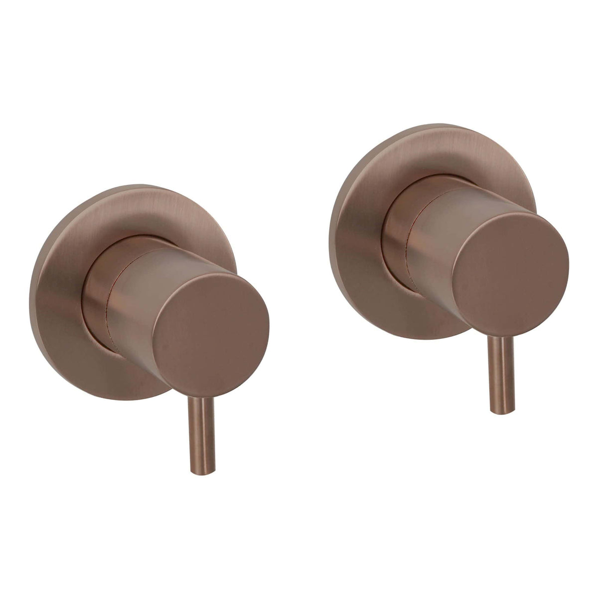 Brushed bronze wall-mounted bathroom control handles, modern design for shower or bath mixer taps, stylish and functional bathroom fixtures, perfect for contemporary bathroom renovations.