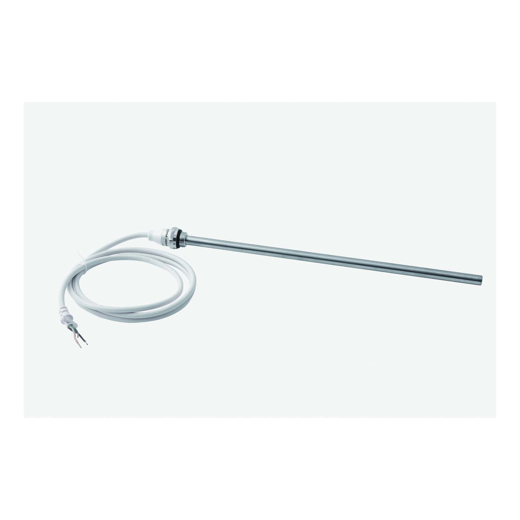 Electric immersion heater element for bathroom heating systems. Durable metal rod with attached white power cord, designed for efficient water heating in domestic bathrooms.