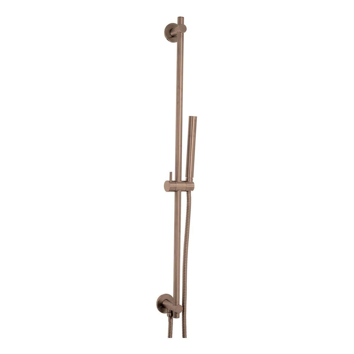 Brushed nickel bathroom shower rail with adjustable handheld showerhead and sliding brackets, designed for modern bathroom installations and enhanced shower experience.