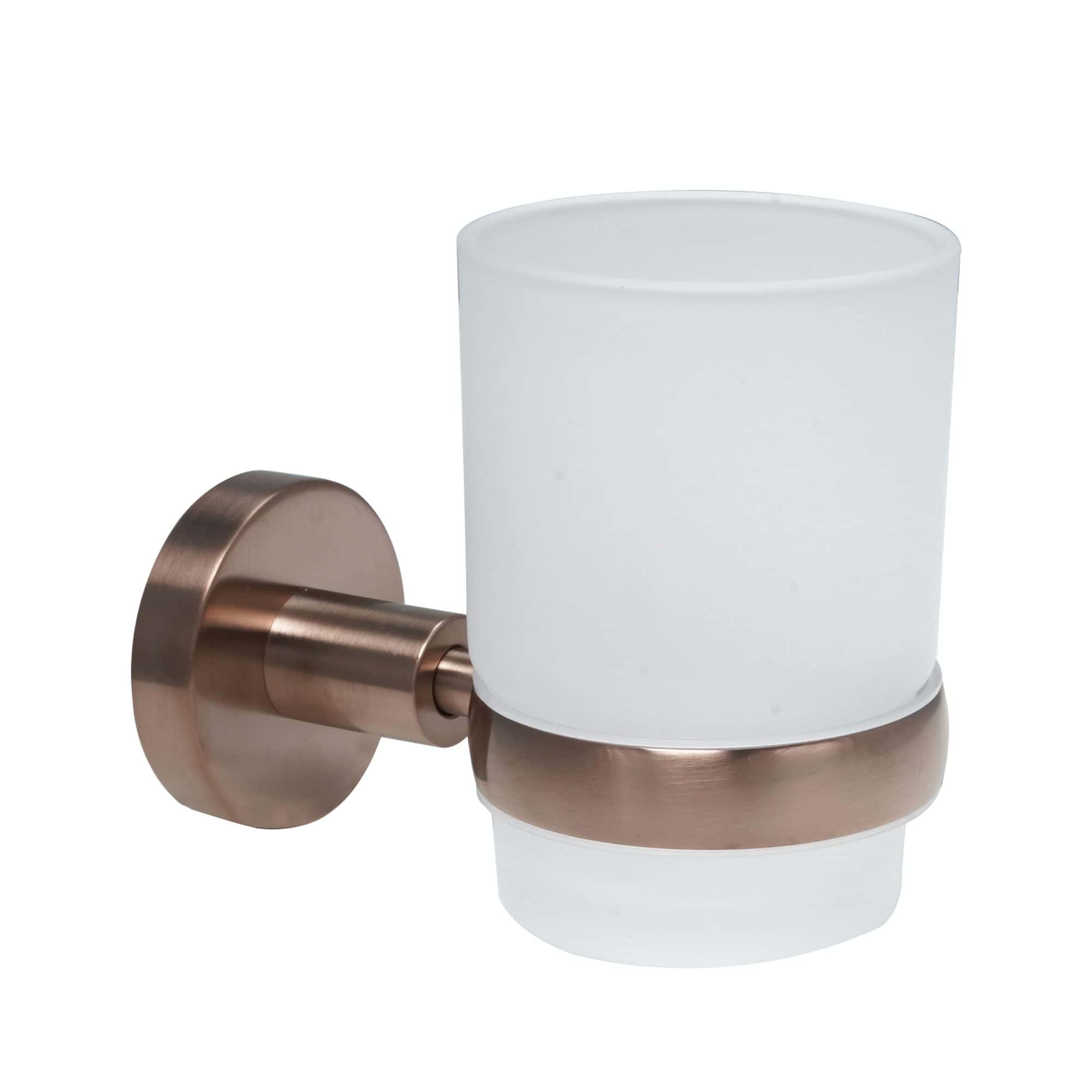 Sleek modern bathroom cup holder with frosted white glass and bronze finish wall mount, ideal for stylish and functional bathroom organisation. Perfect for storing toothbrushes, razors, or other small bathroom accessories.