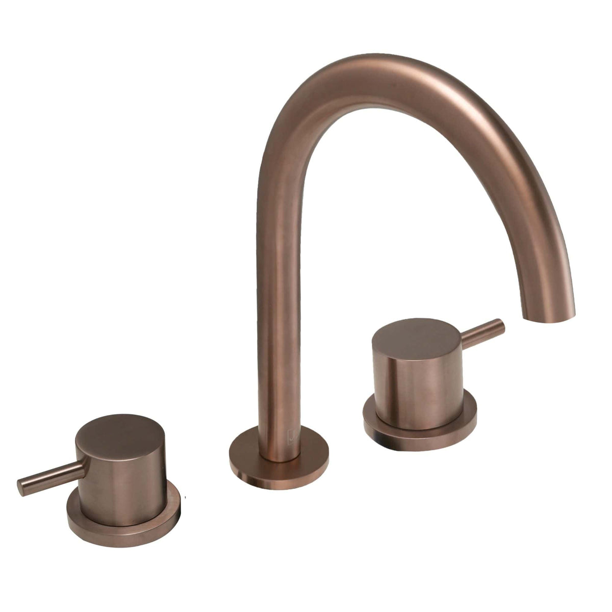 Sleek rose gold bathroom tap set with dual handles and high-arc spout, ideal for modern bathroom renovations and upgrades, combining style and functionality.