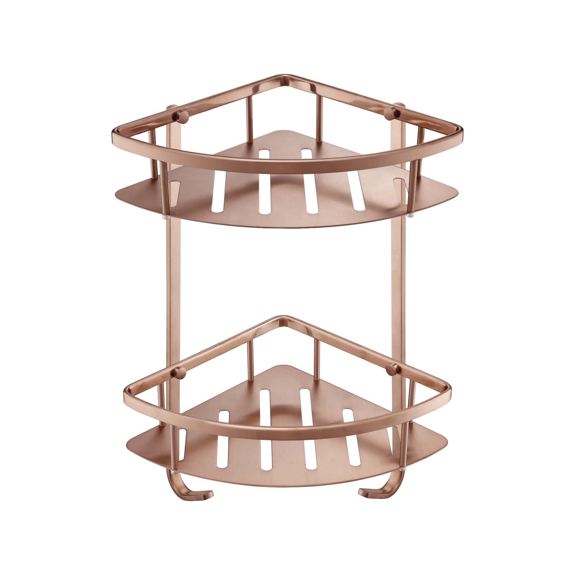Shower caddy organiser in rose gold for bathroom storage, with dual shelves and drainage slots, ideal for holding toiletries and shower essentials. Perfect for modern bathroom décor.