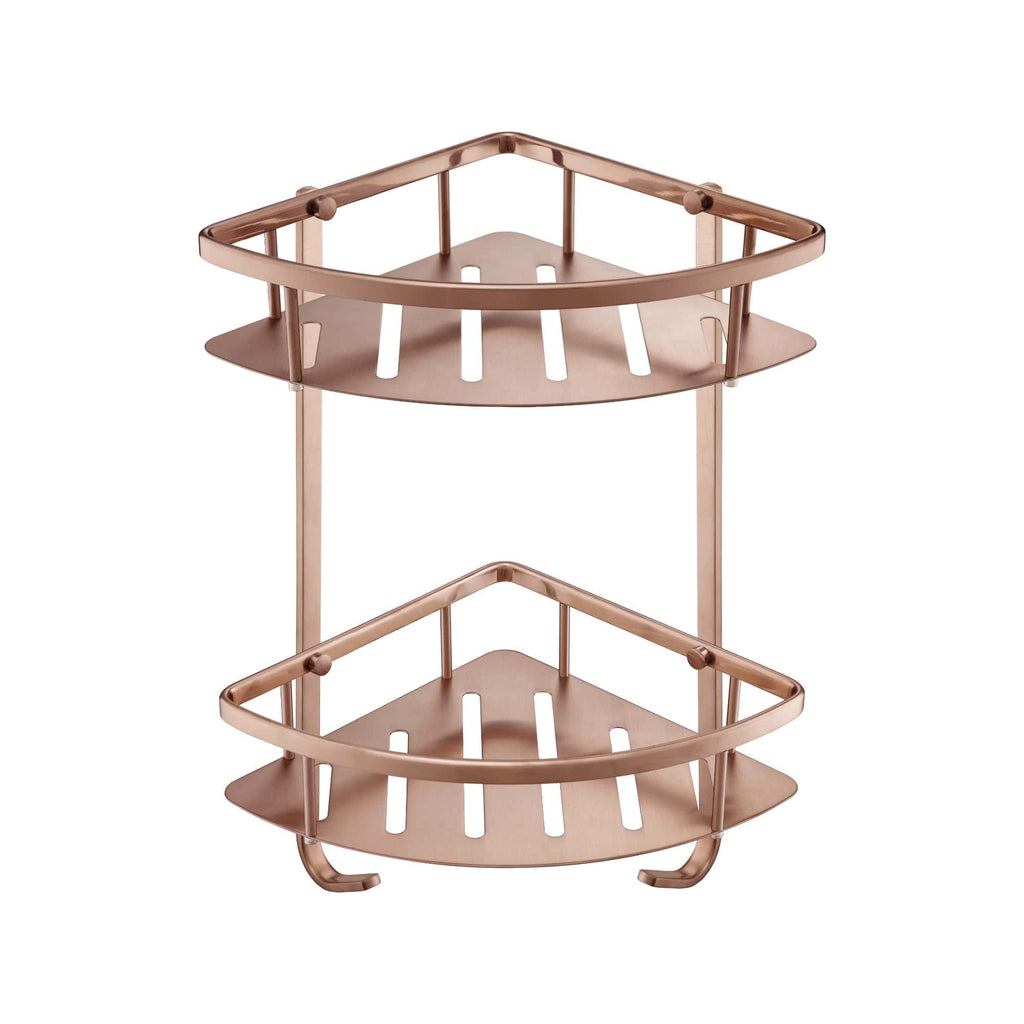 Shower caddy organiser in rose gold for bathroom storage, with dual shelves and drainage slots, ideal for holding toiletries and shower essentials. Perfect for modern bathroom décor.