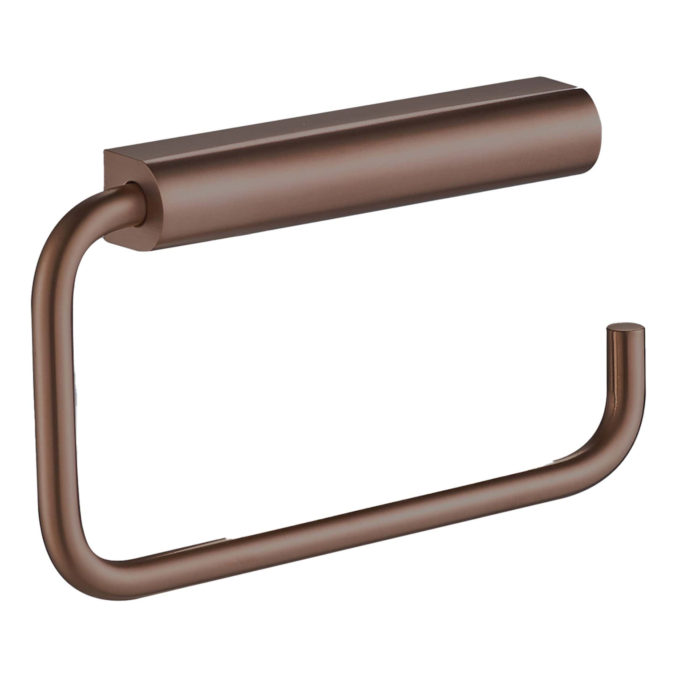 Polished bronze bathroom toilet paper holder, modern wall-mounted design, stylish and functional accessory for contemporary bathrooms.
