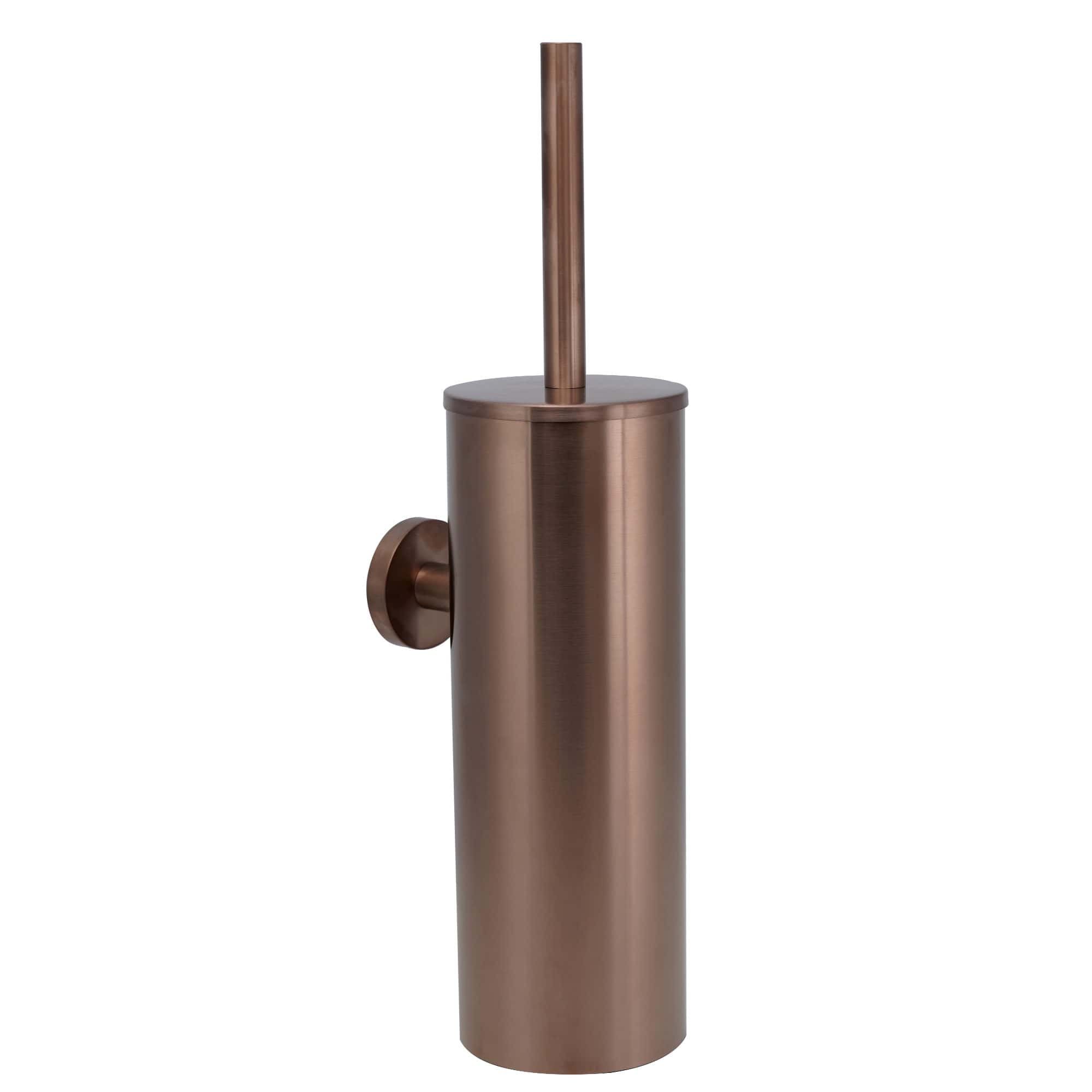 Sleek modern copper finish toilet brush holder with wall mount, stylishly designed for contemporary bathrooms. Perfect for maintaining hygiene and adding a sophisticated touch to your bathroom decor.