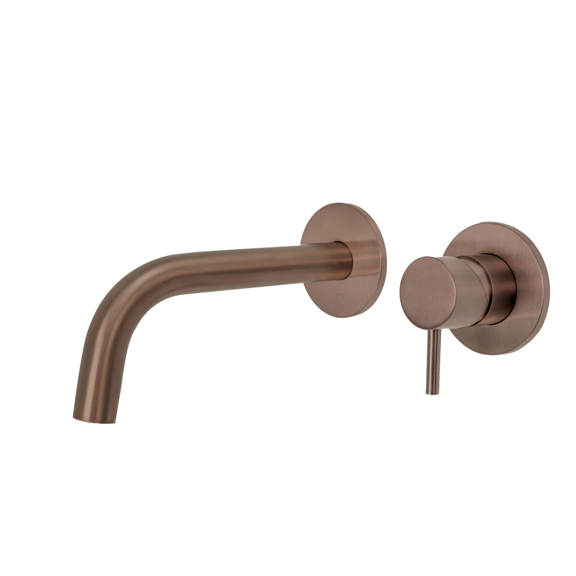 Sleek copper wall-mounted kitchen tap with a modern design, featuring a single lever for easy temperature and flow control, perfect for contemporary bathroom or kitchen interiors.