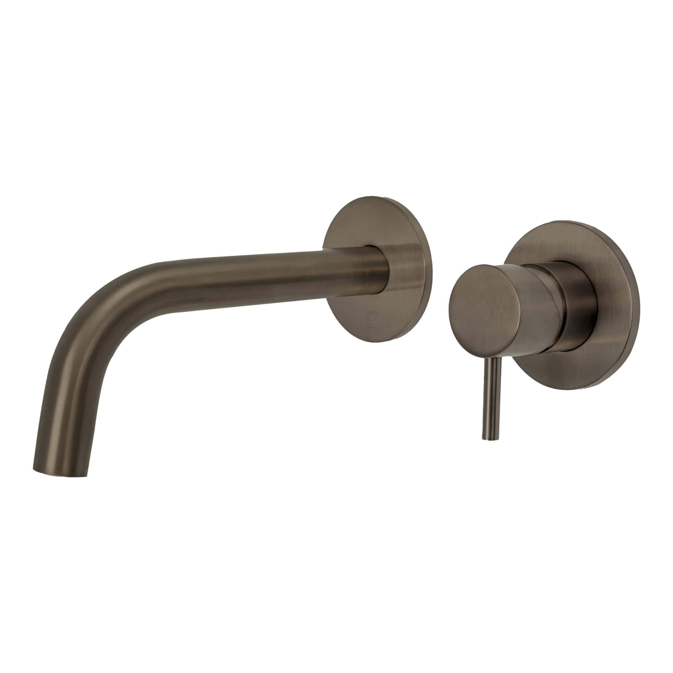 Brushed nickel wall-mounted kitchen sink tap with matching lever handle for modern bathroom or kitchen interiors. Durable, stylish, easy to operate, perfect for contemporary spaces.