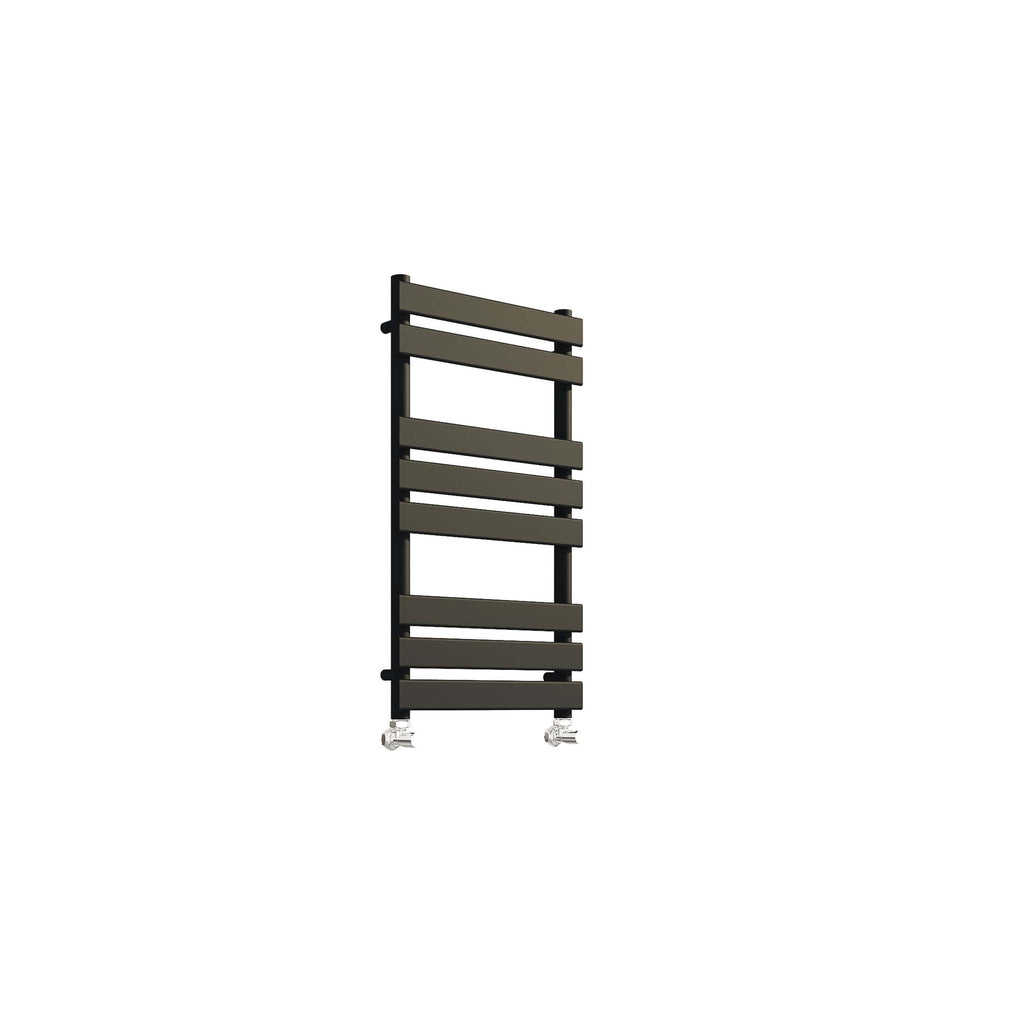 Modern black heated towel rail with horizontal bars and caster wheels, designed for contemporary bathroom heating and towel drying solutions.