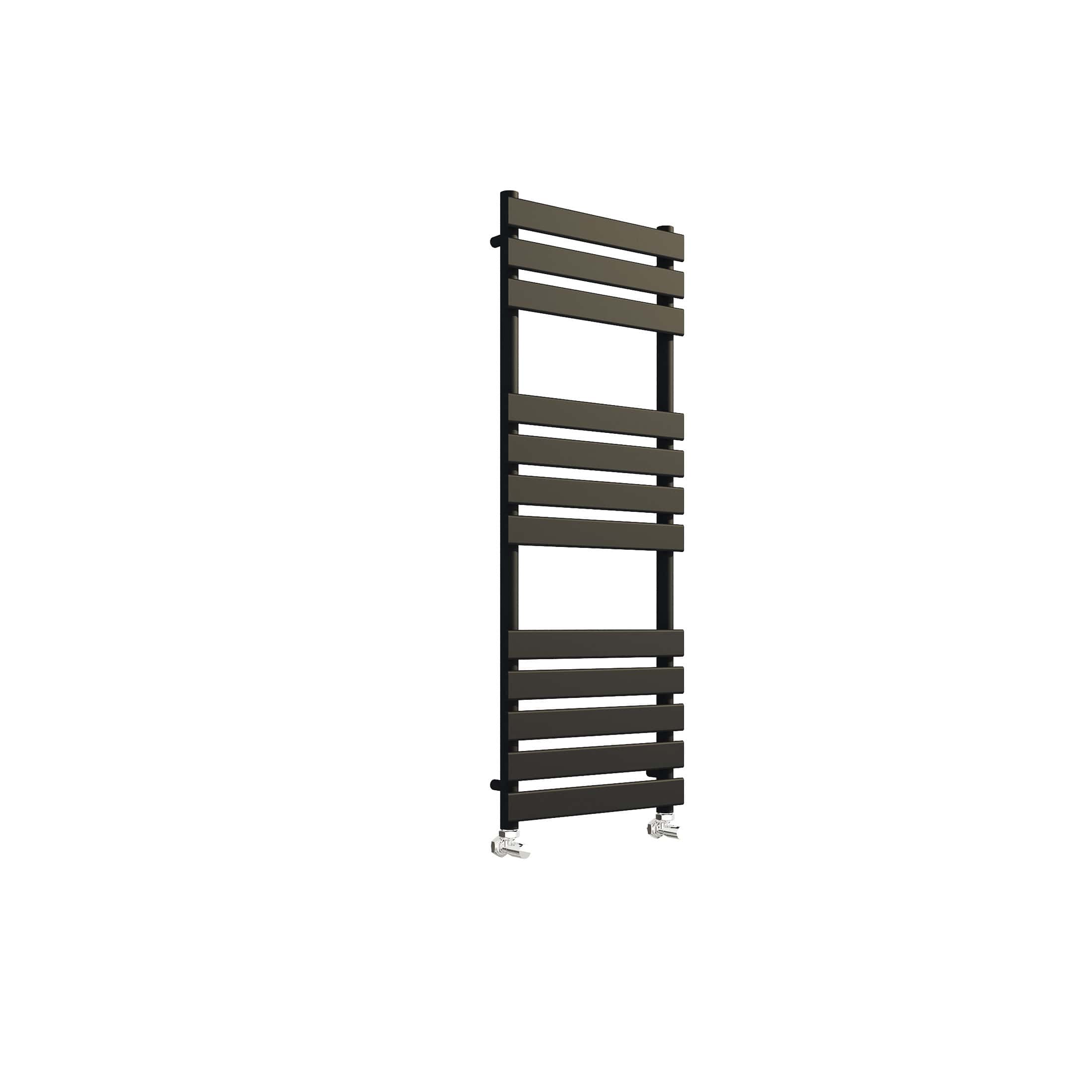 Modern black bathroom towel radiator with horizontal bars and wheels for easy installation - perfect for contemporary bathroom heating and drying solutions.