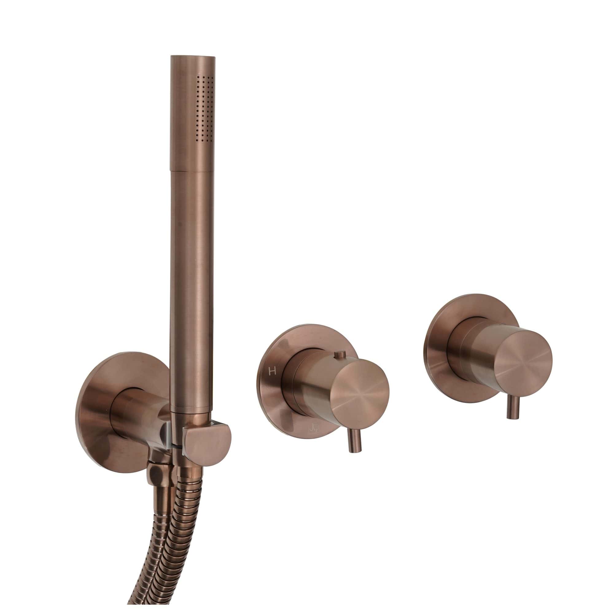 Sleek rose gold bathroom shower set with handheld showerhead and temperature controls, modern design perfect for luxury bathroom renovations and stylish bathroom fixtures.