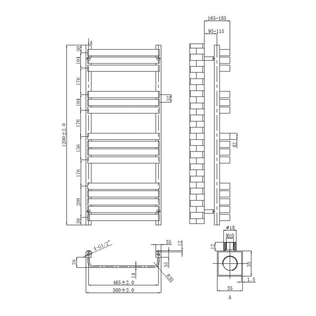 Aluminium towel radiator with detailed technical drawing, featuring dimensions and installation specifications for modern bathroom heating solutions.