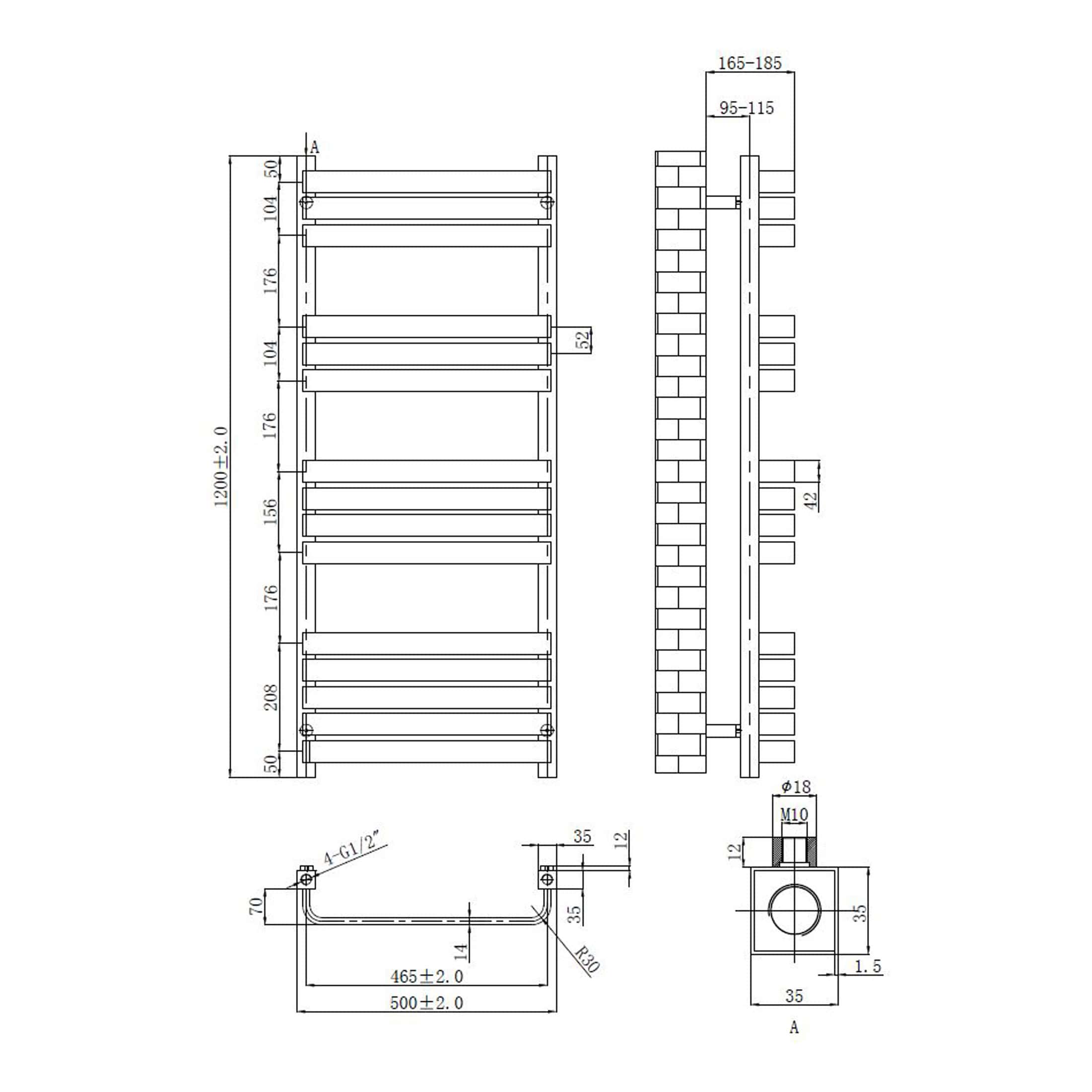 Aluminium towel radiator with detailed technical drawing, featuring dimensions and installation specifications for modern bathroom heating solutions.