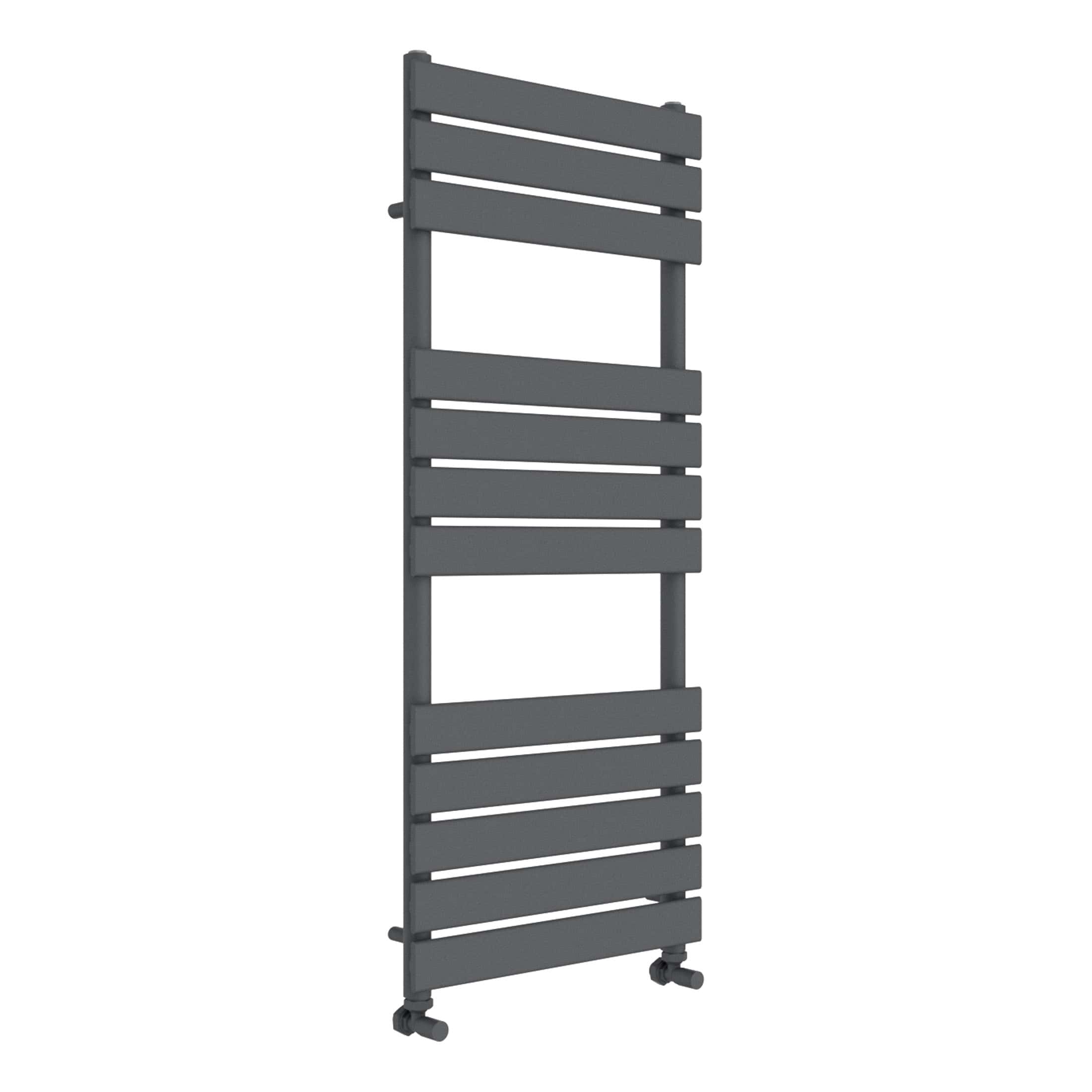 Horizontal grey towel radiator, ideal for modern bathrooms, featuring multiple horizontal bars for effective drying and heating.