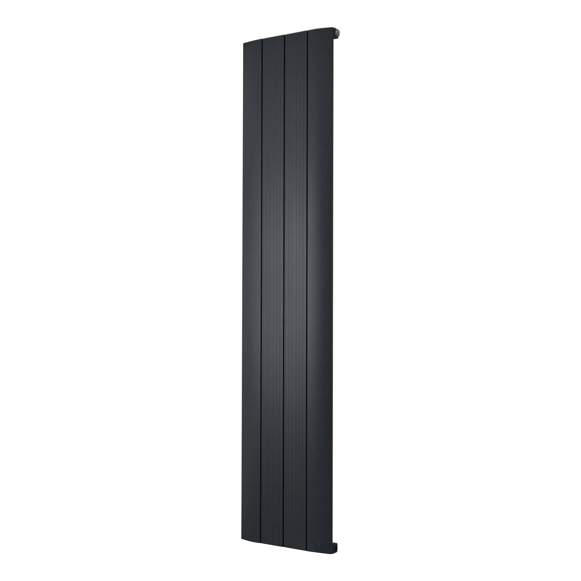 Black vertical radiator for modern bathroom heating and decor, sleek design, durable finish, ideal for contemporary Bubly Bathrooms installations, energy-efficient and stylish.