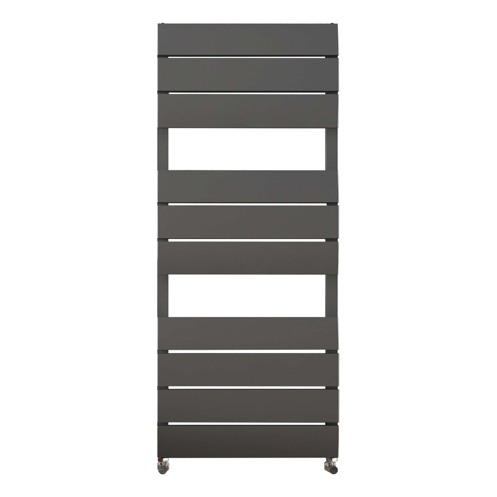 Stylish grey bathroom storage trolley with multiple slatted shelves and wheels, perfect for organising bathroom essentials and enhancing modern bathroom decor.