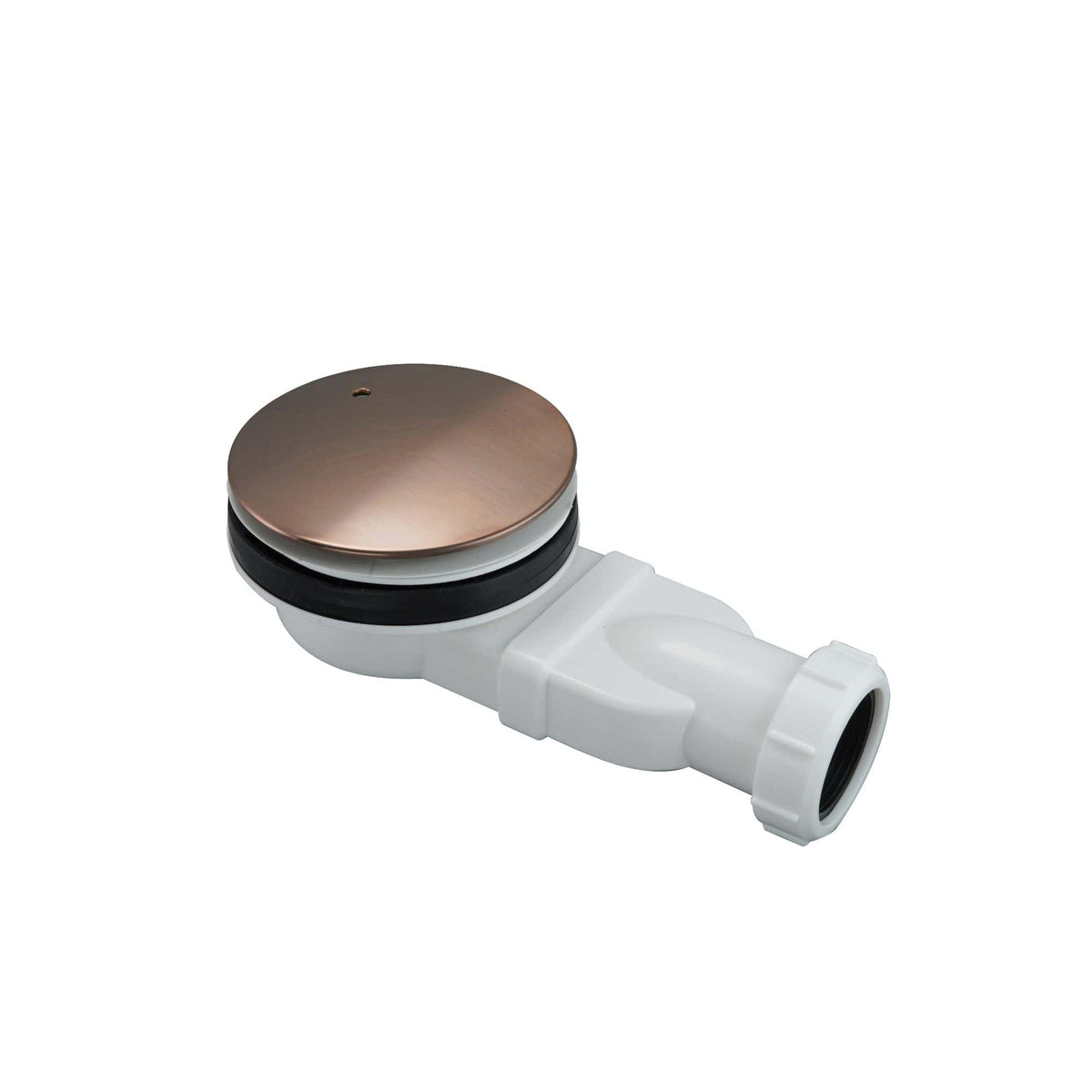 Flexible shower waste trap with copper cover for bathroom drainage systems.