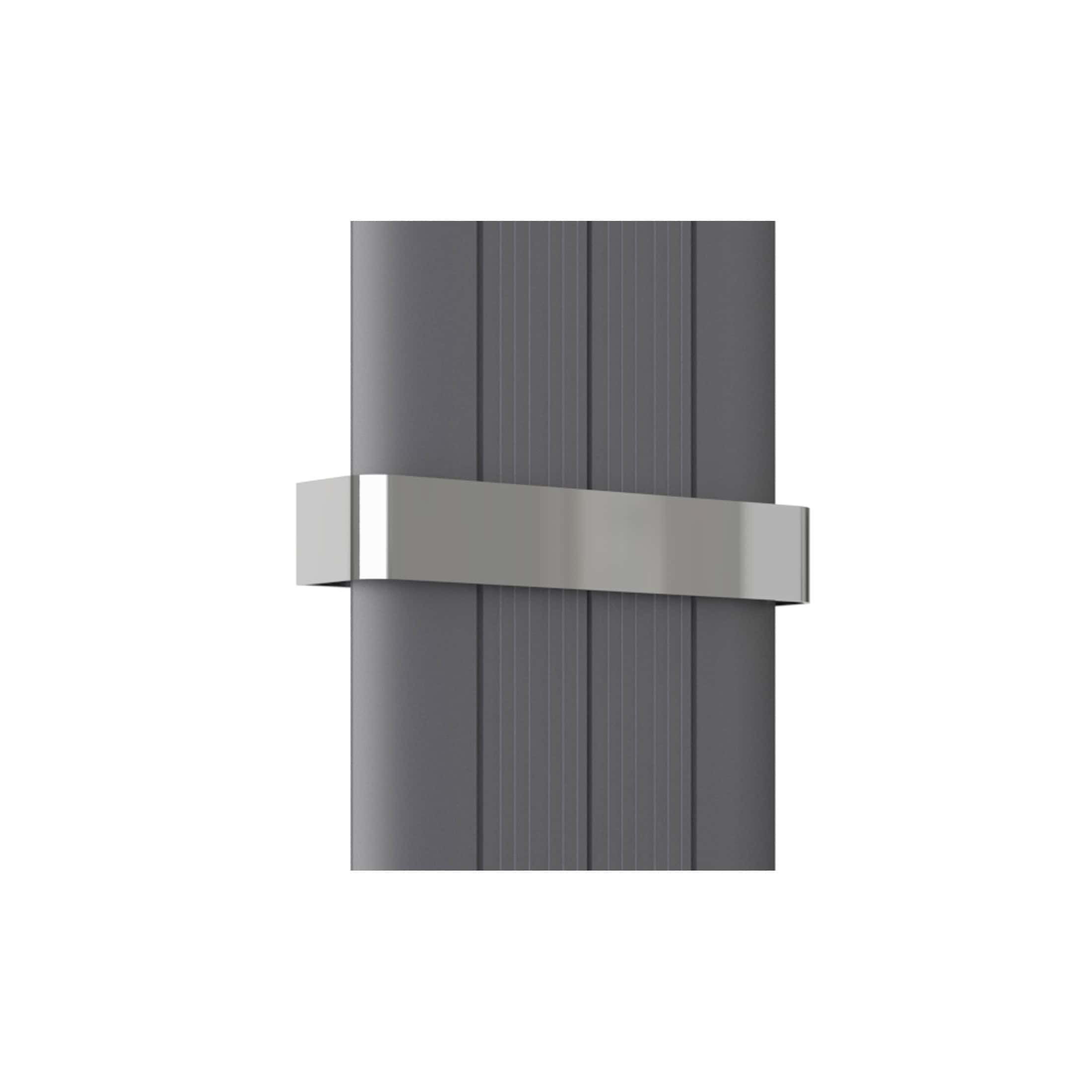 Modern grey bathroom panel with sleek metallic handle for premium bathroom furniture. Durable laminate surface with vertical grooves, perfect for contemporary bathroom interior design.