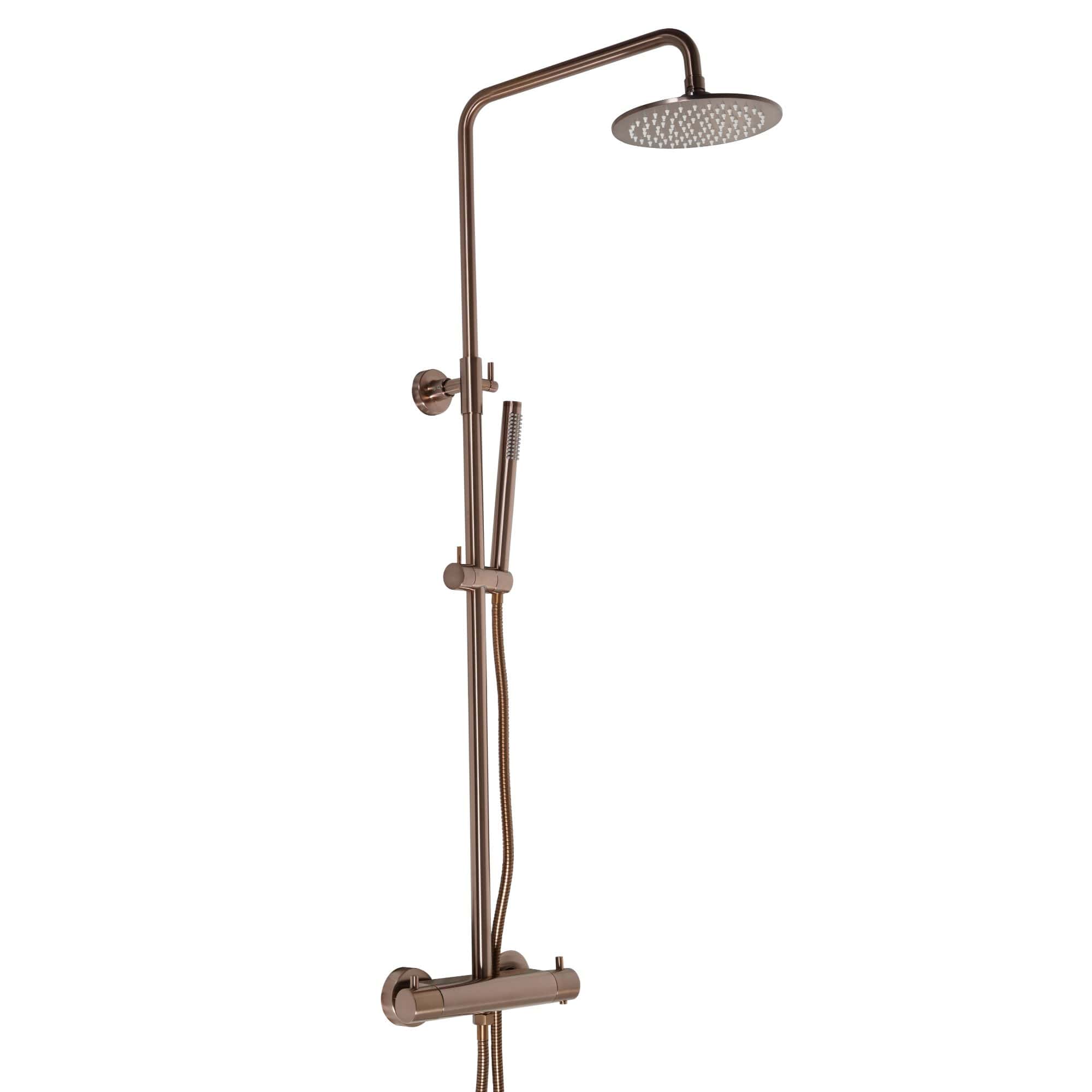 Shower head and handheld shower system with adjustable height and modern bronze finish, perfect for luxury bathroom renovations and stylish Bubly Bathrooms installations.