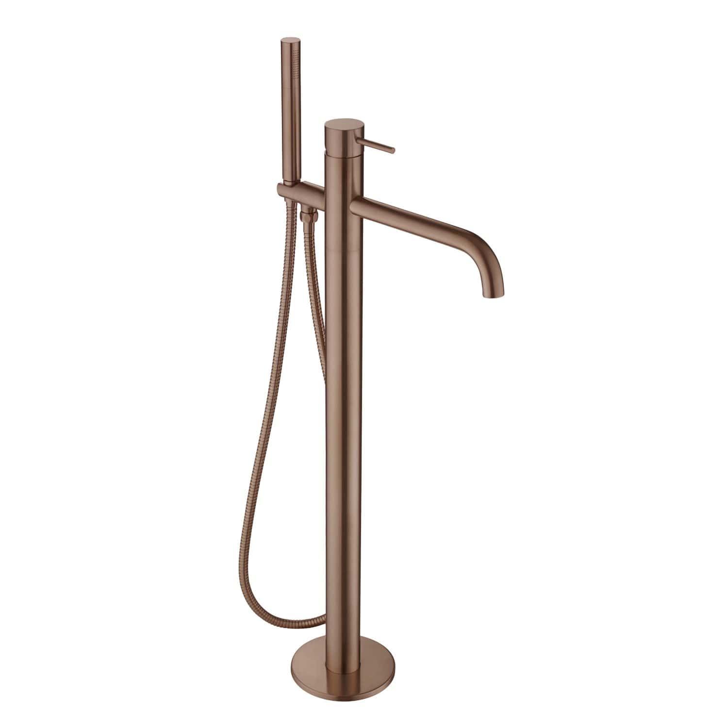 Elegant freestanding bathtub filler with hand shower in brushed bronze finish, perfect for modern luxury bathrooms and high-end bubly bathroom designs.