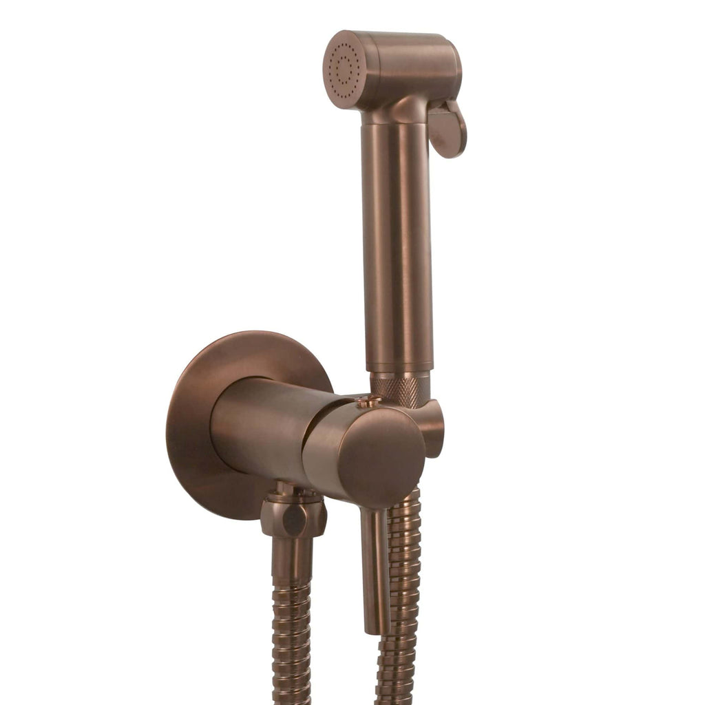 Brushed bronze handheld bidet spray with wall mount and flexible hose, ideal for bathroom hygiene and cleaning, modern bathroom accessories.