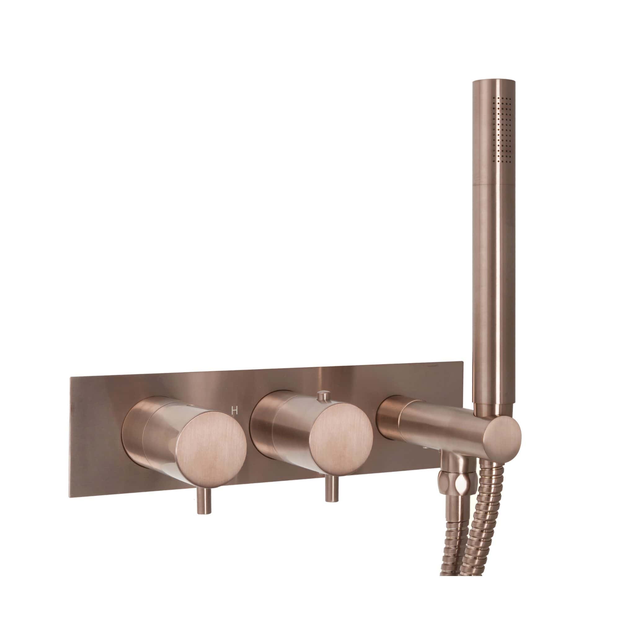 Sleek rose gold bathroom mixer with handheld shower attachment, modern design, and adjustable controls for a stylish and functional bathing experience. Perfect for contemporary bathrooms.
