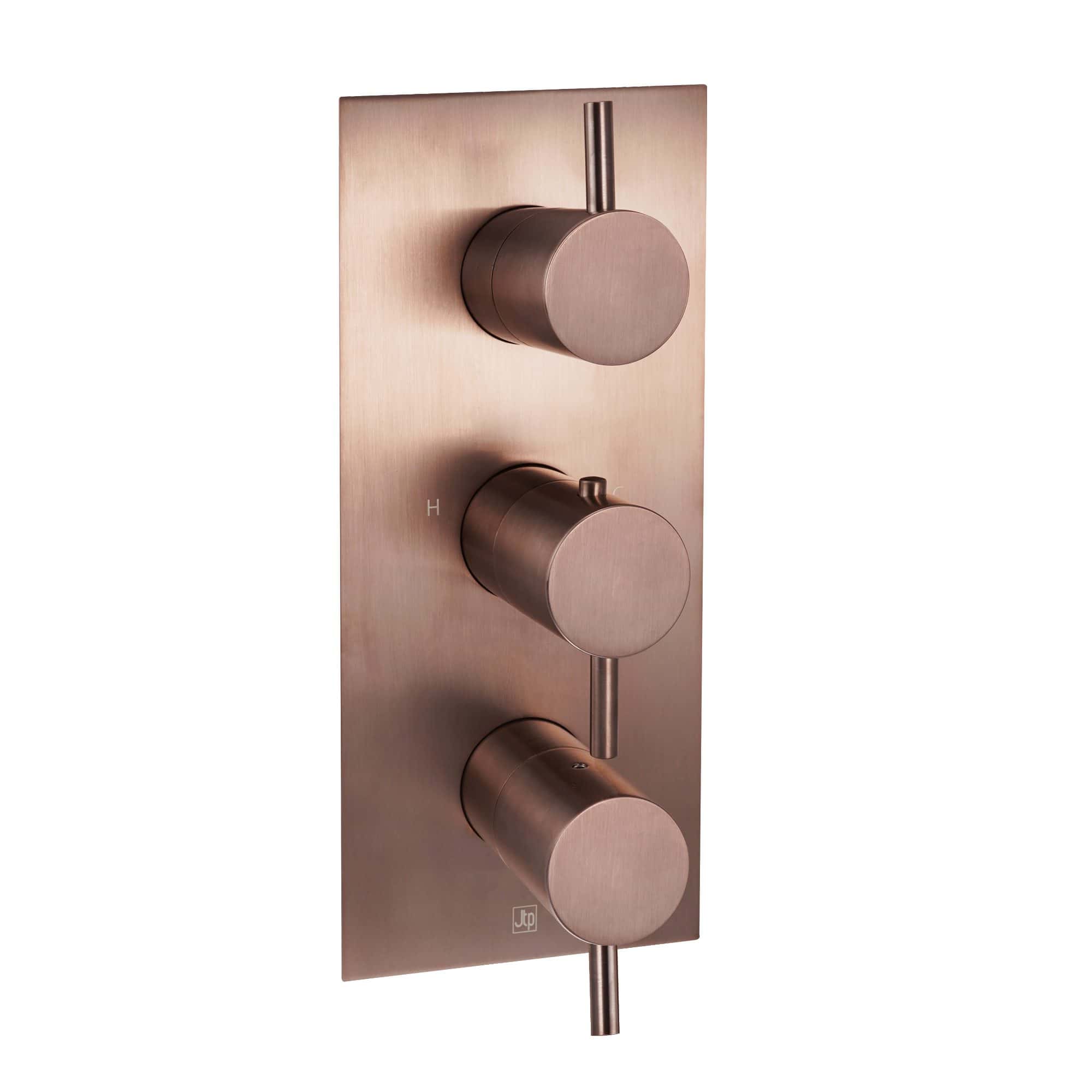 Sleek brushed rose gold shower control panel with three round knobs, modern bathroom fixtures, and premium design. Perfect for luxury bathroom remodels and high-end shower systems.