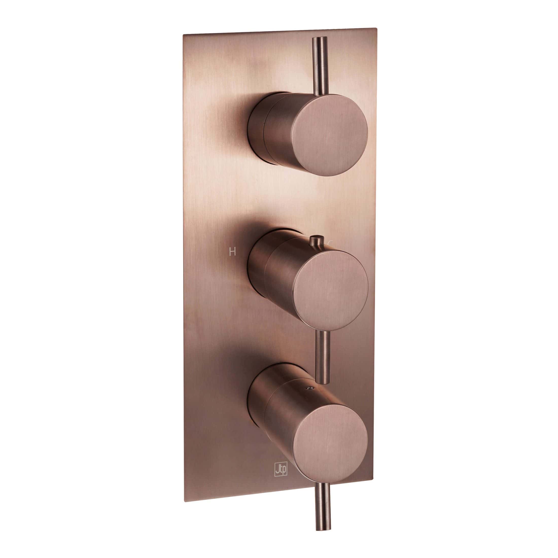 Sleek rose gold bathroom shower thermostat control panel with three dials, modern design, high-quality finish, perfect for luxury bathrooms and contemporary shower systems.