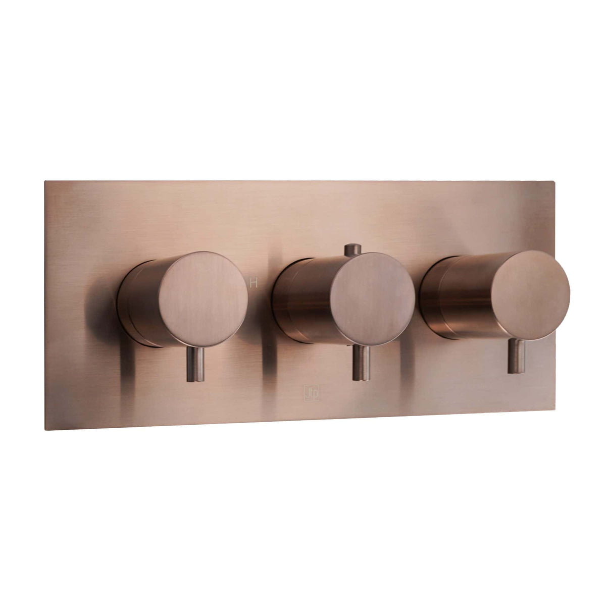 Polished brass thermostatic shower valve with three controls, stylish and modern bathroom fixture, perfect for contemporary bathroom design by Bubly Bathrooms.