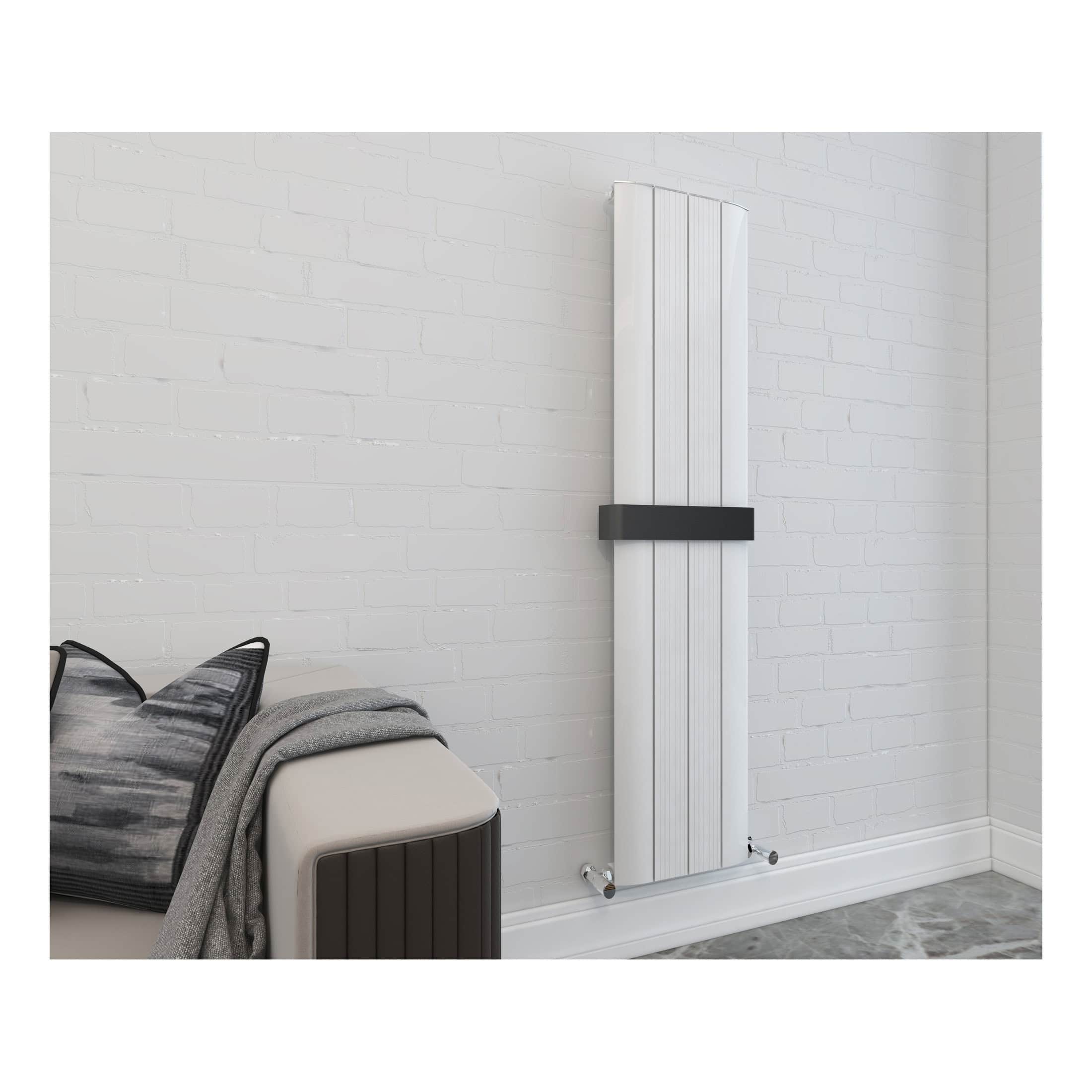 Modern white radiator with black accent strip, designed for contemporary bathrooms, mounted on white brick wall. Ideal for space-efficient heating solutions in stylish bathroom interiors.