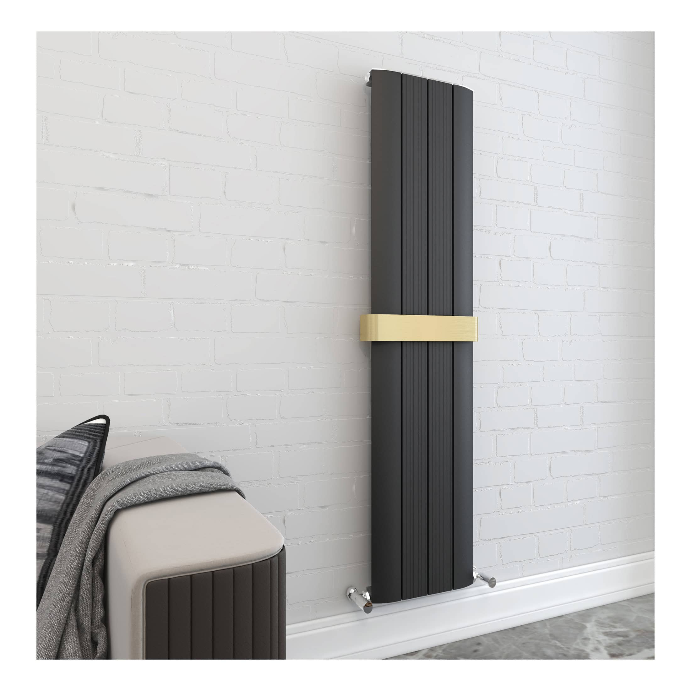 Sleek black vertical designer radiator with a beige towel rail in a modern bathroom setting, mounted on a white brick wall, perfect for contemporary bathroom heating solutions.