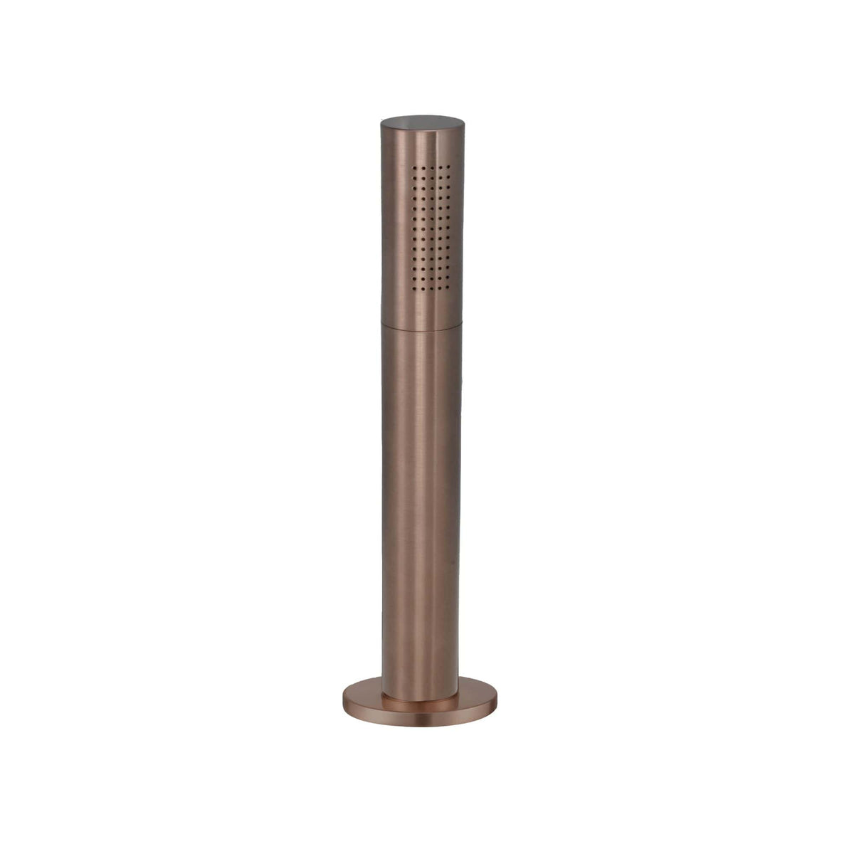 Sleek rose gold outdoor wireless Bluetooth speaker with a cylindrical design, perforated grille, and minimalist modern look, ideal for outdoor bathroom and poolside entertainment.