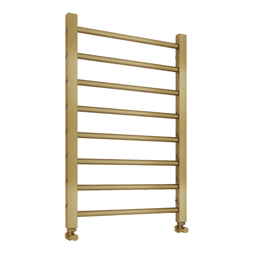Warm beige heated towel rail with seven horizontal bars and small caster wheels, ideal for luxury bathroom heating and towel drying.