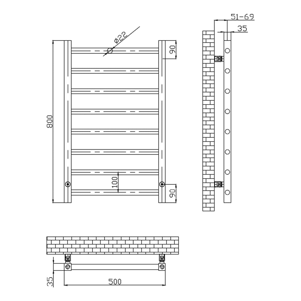 Aluminium towel radiator with multiple horizontal bars for bathroom heating and drying. Designed for modern bathrooms, featuring precise measurements and sturdy build quality.