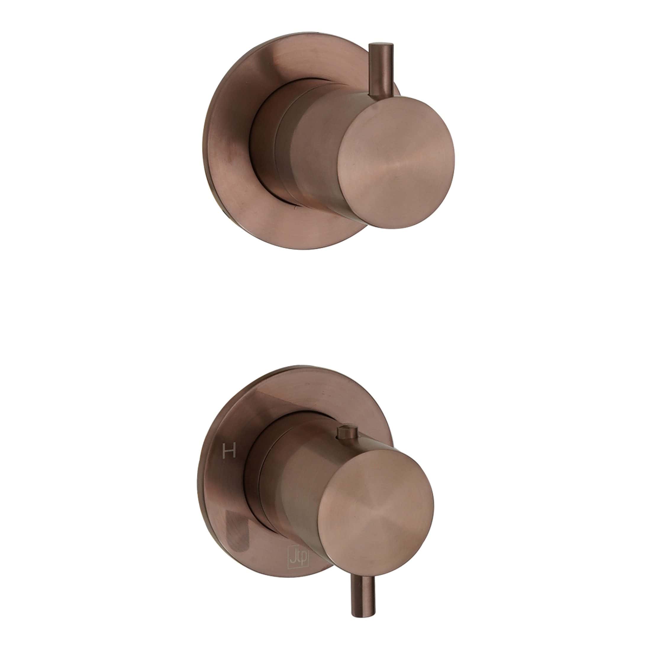 Sleek brushed bronze bathroom shower valve and temperature control knobs, modern and stylish design. Perfect for contemporary bathroom renovation and installation.