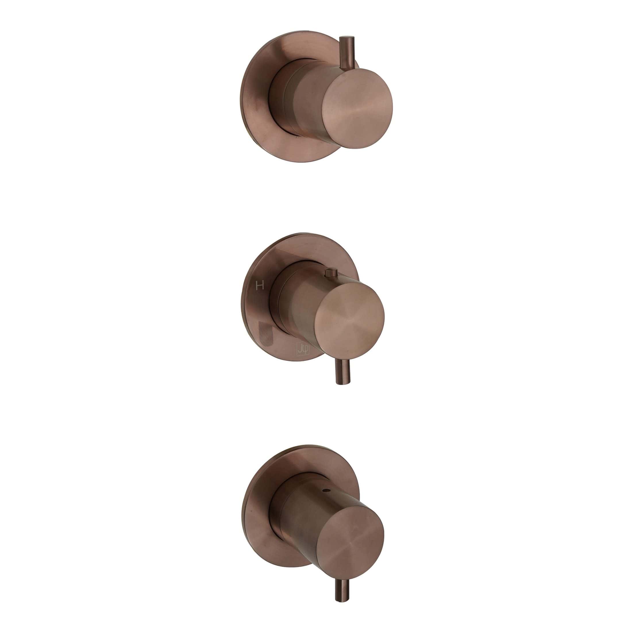 Brushed bronze bathroom shower controls pair, modern wall-mounted design, ideal for stylishuxe bathroom renovations, providing easy temperature and flow adjustments.