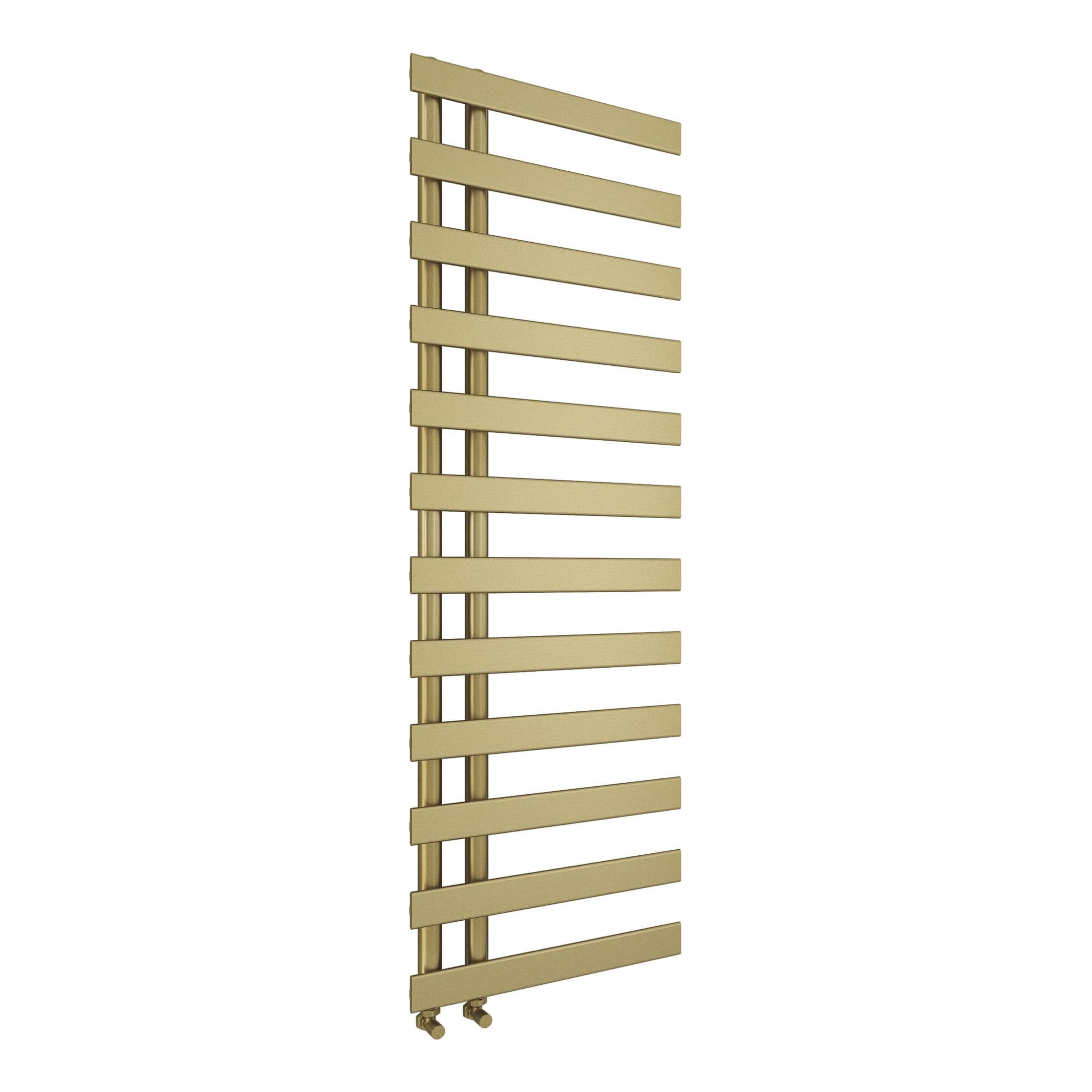 Contemporary beige heated towel radiator with horizontal bars, wall-mounted design, ideal for modern bathrooms, providing warmth and drying space for towels.