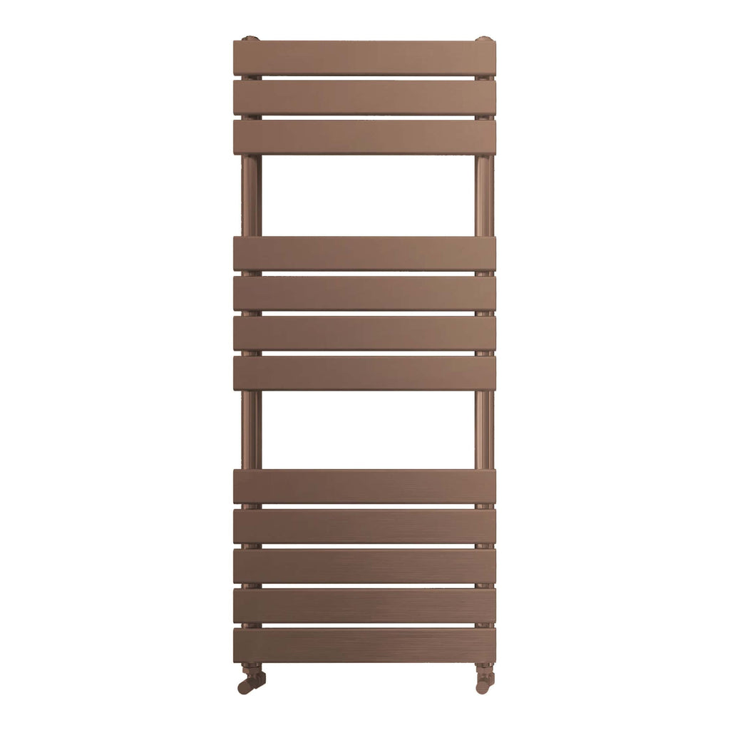 Warm brown bathroom radiator with horizontal slats, on caster wheels, ideal for modern and contemporary bathroom heating and towel drying solutions.
