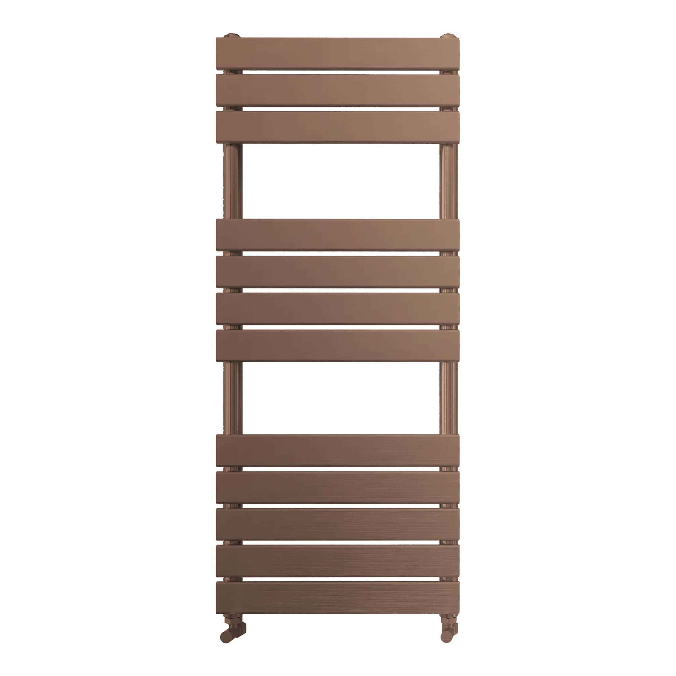 Warm brown bathroom radiator with horizontal slats, on caster wheels, ideal for modern and contemporary bathroom heating and towel drying solutions.