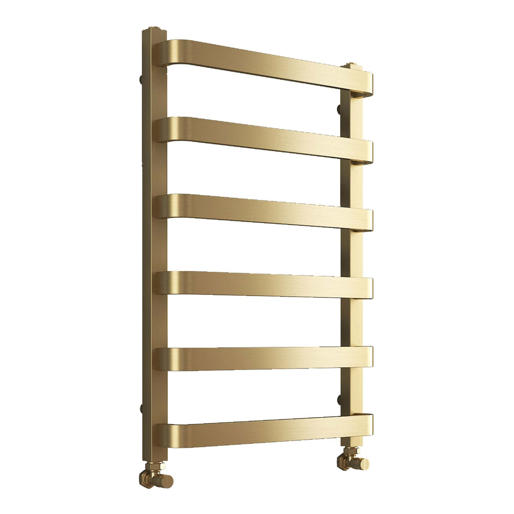 Luxurious gold towel radiator for modern bathroom decor, combining functionality and style with a sleek curved design and efficient heat output. Perfect for enhancing your bathroom heating system.