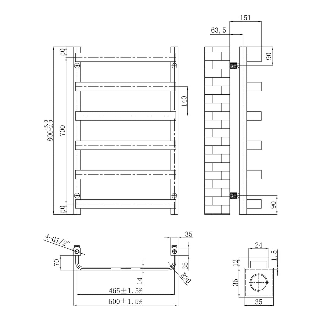 High-quality bathroom towel radiator with detailed dimensions and sturdy design, ideal for modern bathroom heating solutions. Perfect for bathrooms seeking efficient, stylish towel warmth.