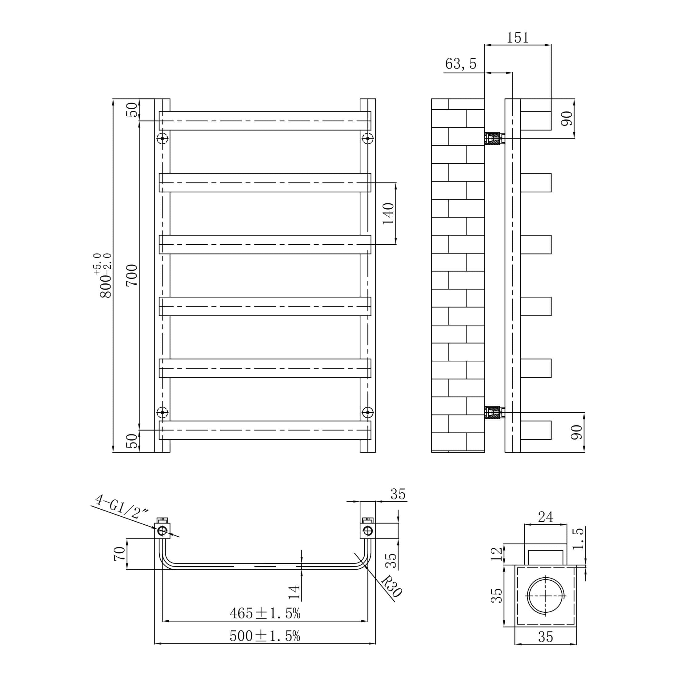 High-quality bathroom towel radiator with detailed dimensions and sturdy design, ideal for modern bathroom heating solutions. Perfect for bathrooms seeking efficient, stylish towel warmth.