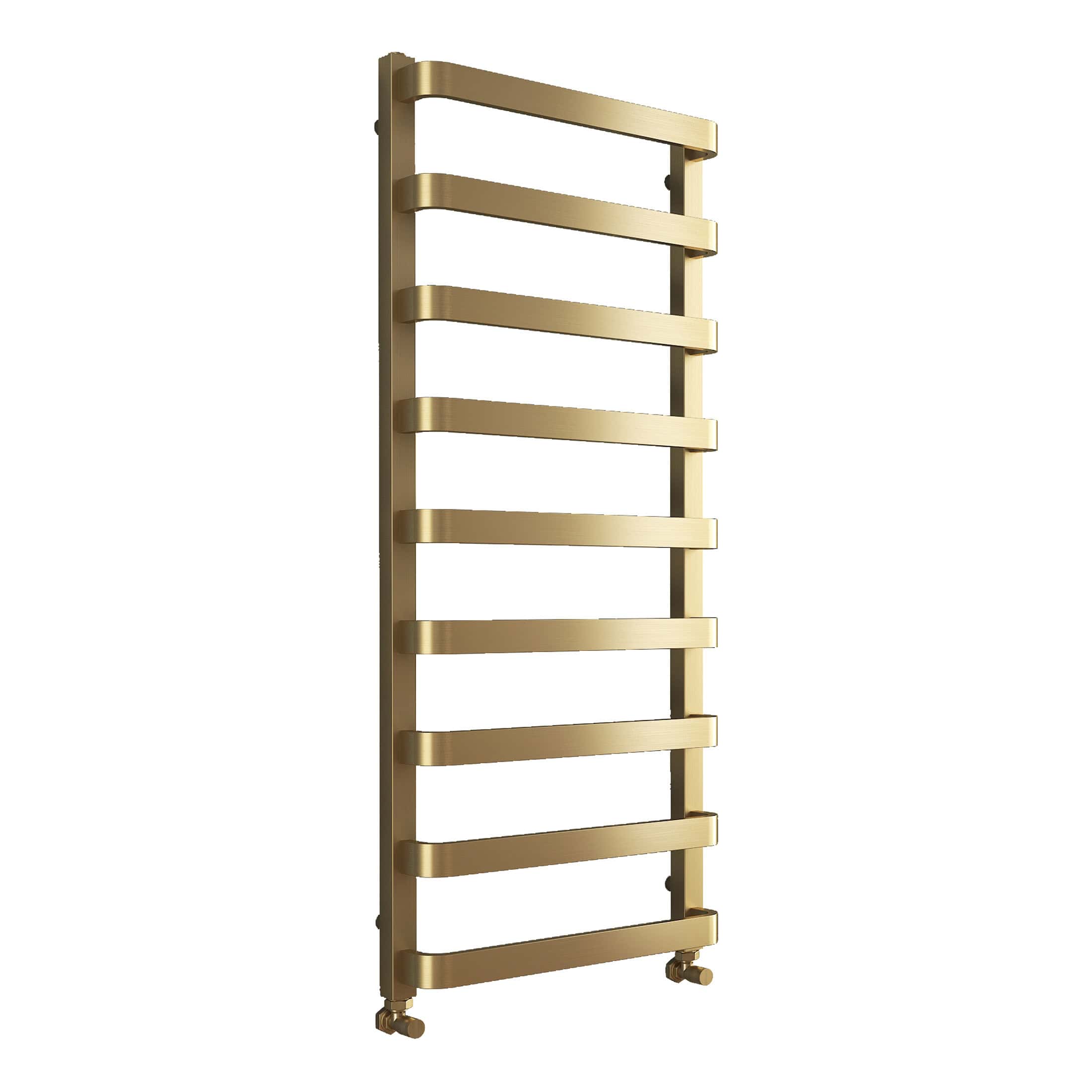 Luxurious gold heated towel rail radiator, modern design with horizontal bars for bathroom heating and towel drying, ideal for contemporary bathroom decor.