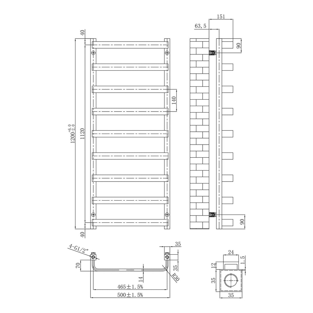 Flexible heated towel rail for bathrooms, featuring modern design and precise dimensions for installation, ideal for enhancing bathroom comfort and style.