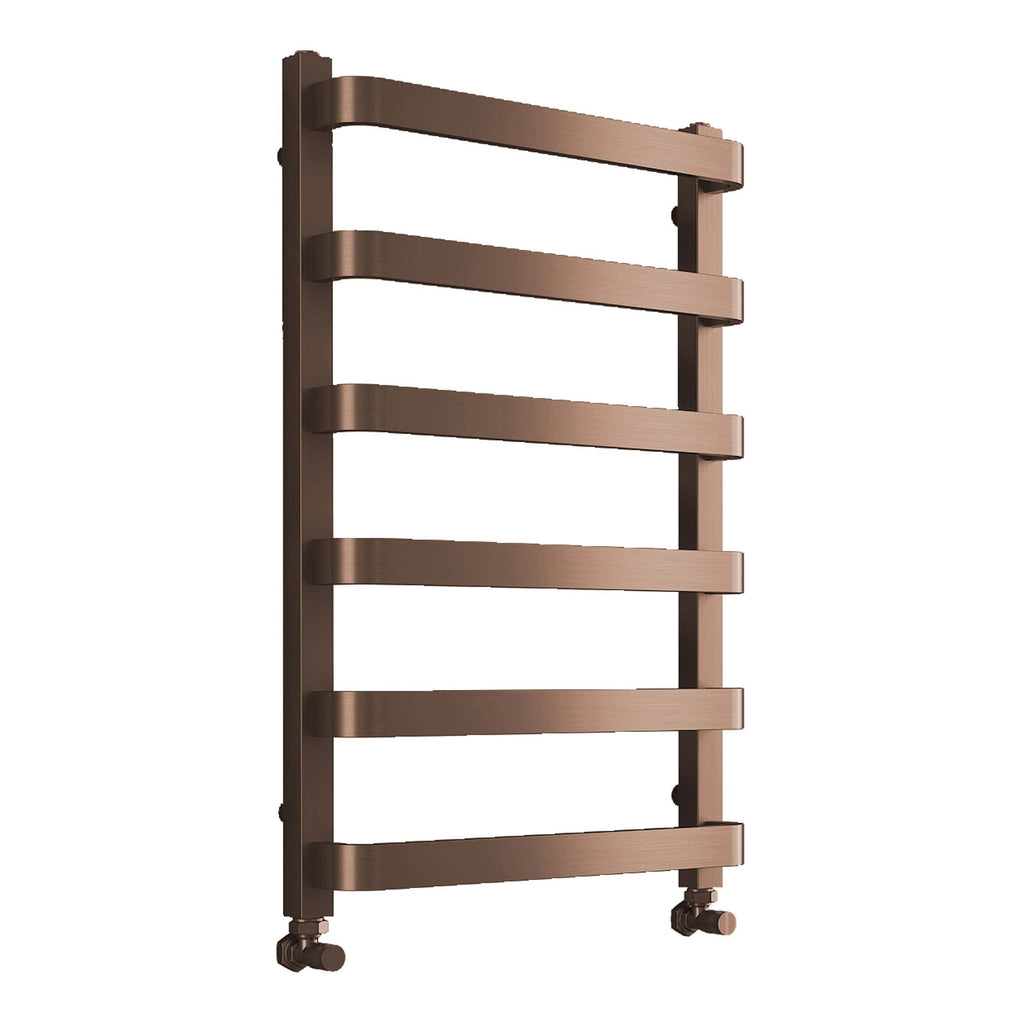 Brushed gold towel warmer radiator for bathrooms, contemporary wall-mounted design, high-quality steel, ideal for heating and drying towels in modern bathrooms.
