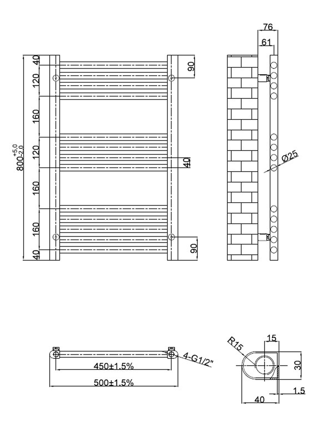 Tailored Omata 800x500mm Towel Rail - technical drawing with dimensions