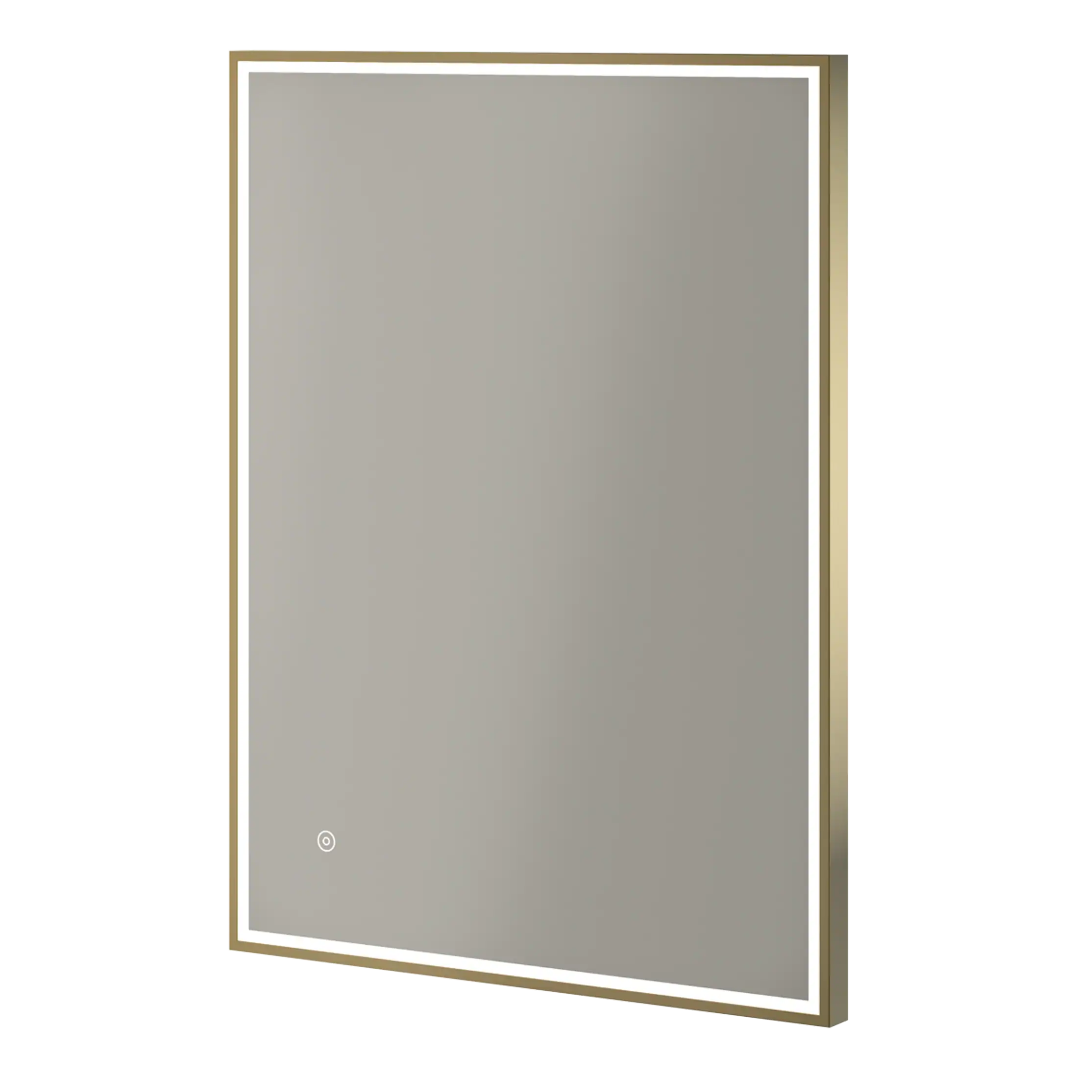 Sleek modern bathroom mirror with touch sensor LED lighting and gold trim, ideal for contemporary bathrooms and powder rooms.