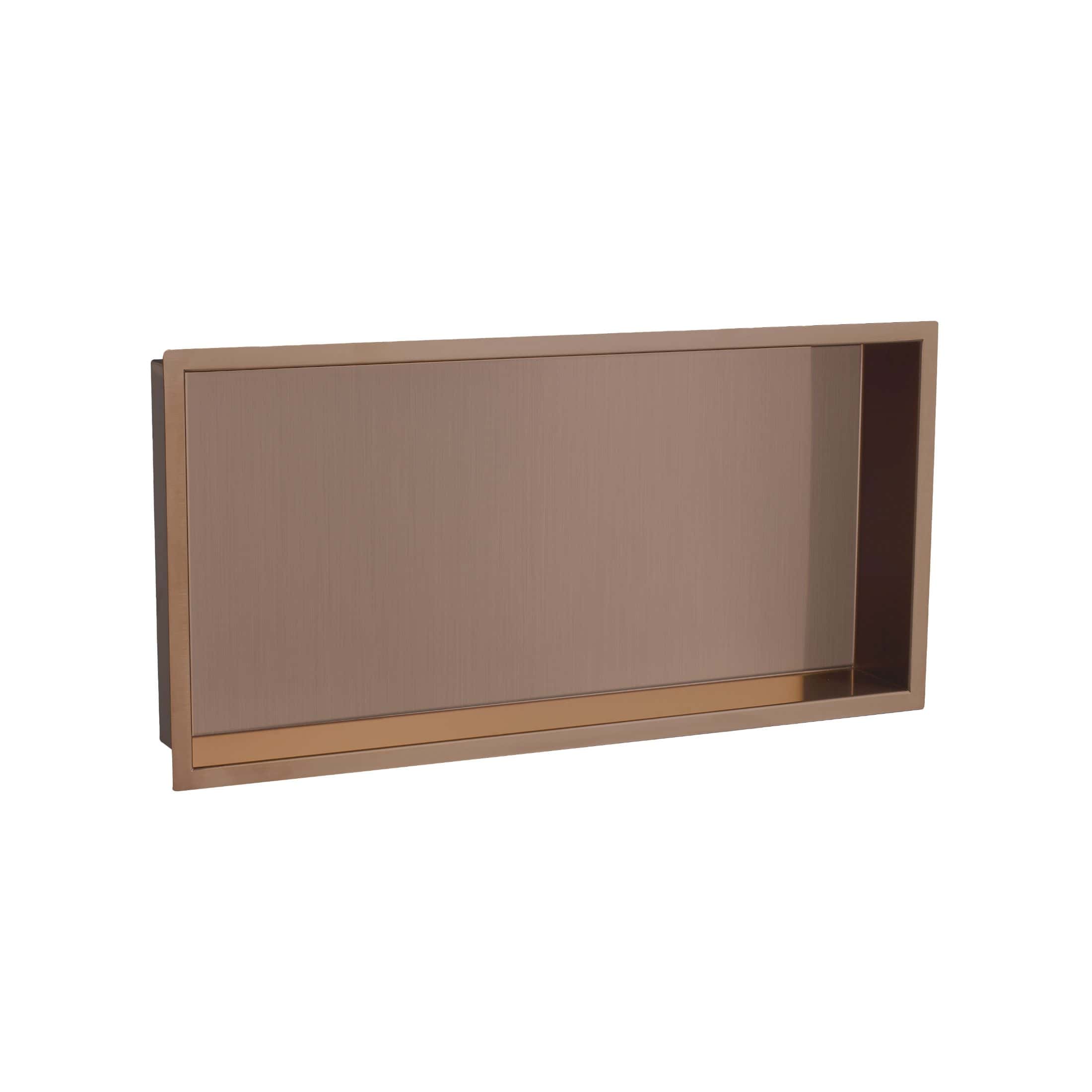 Sleek bronze bathroom mirror with integrated storage shelf, contemporary design perfect for modern bathrooms. Durable and stylish, enhances space with functional elegance.