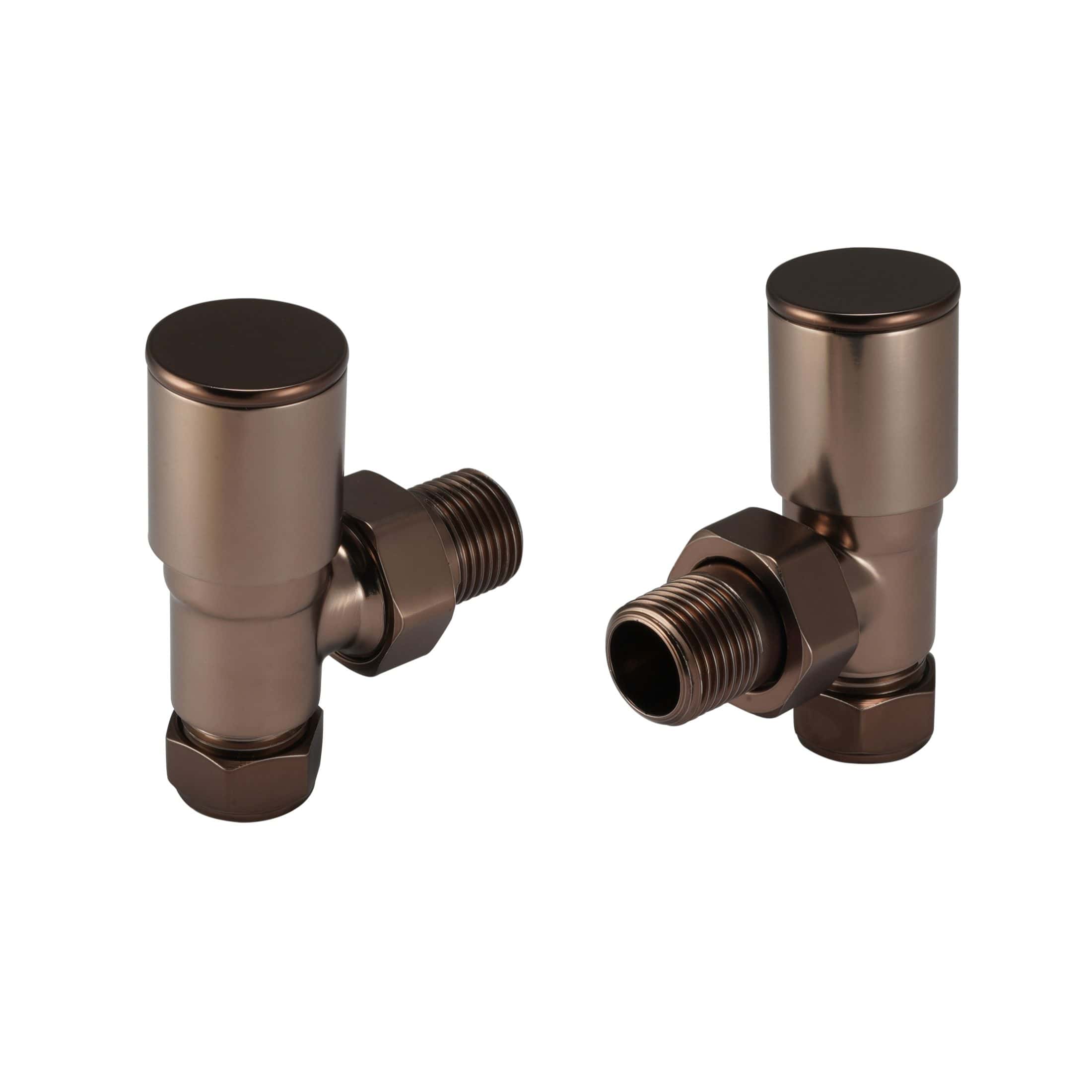 Bronze angled radiator valves for stylish and functional bathroom heating and towel rails, compatible with multiple valve types for personalised control and modern bathroom aesthetics.