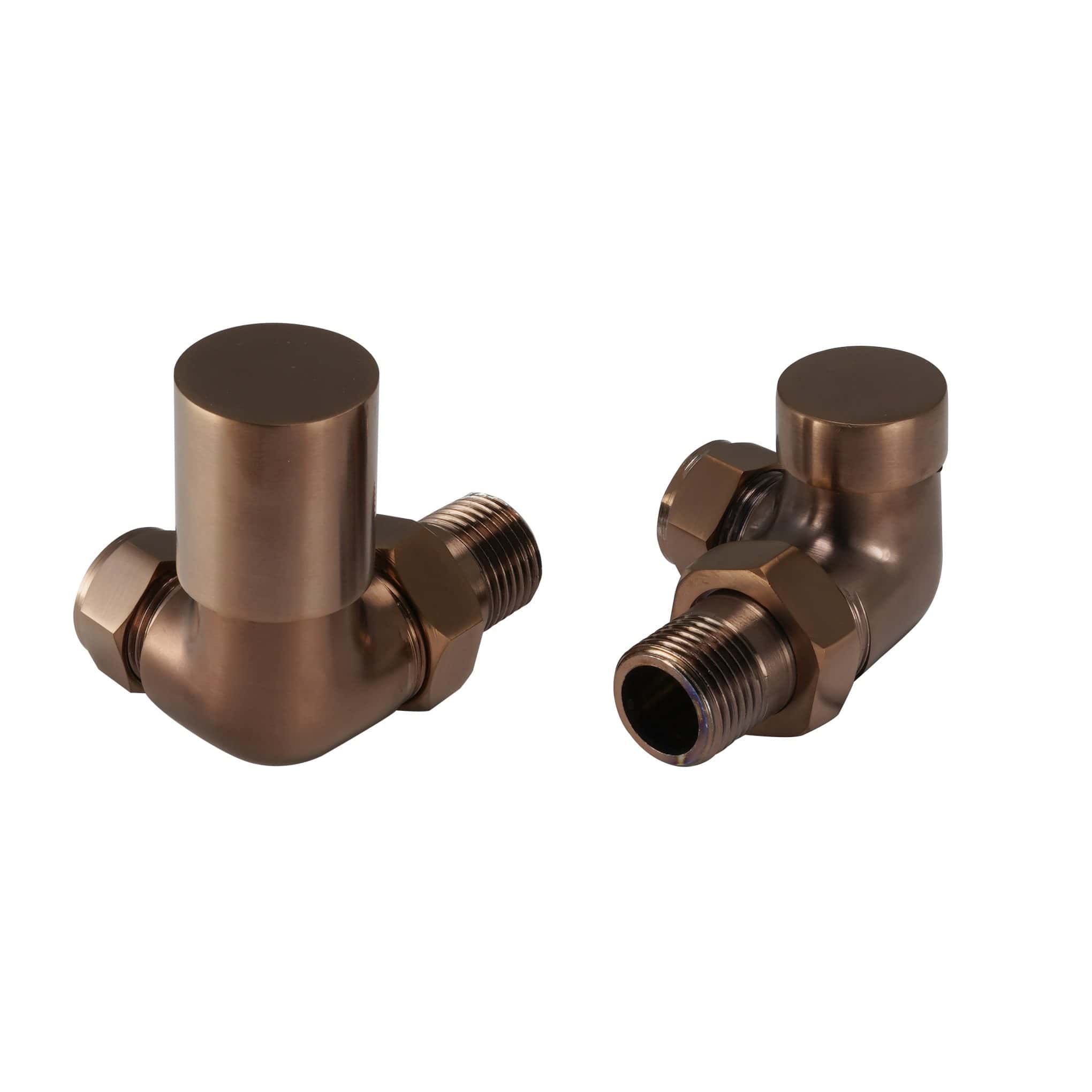 Brass radiator valves with threaded connections, modern design, suitable for residential bathroom heating systems, durable and easy to install, ideal for Bubly Bathrooms.