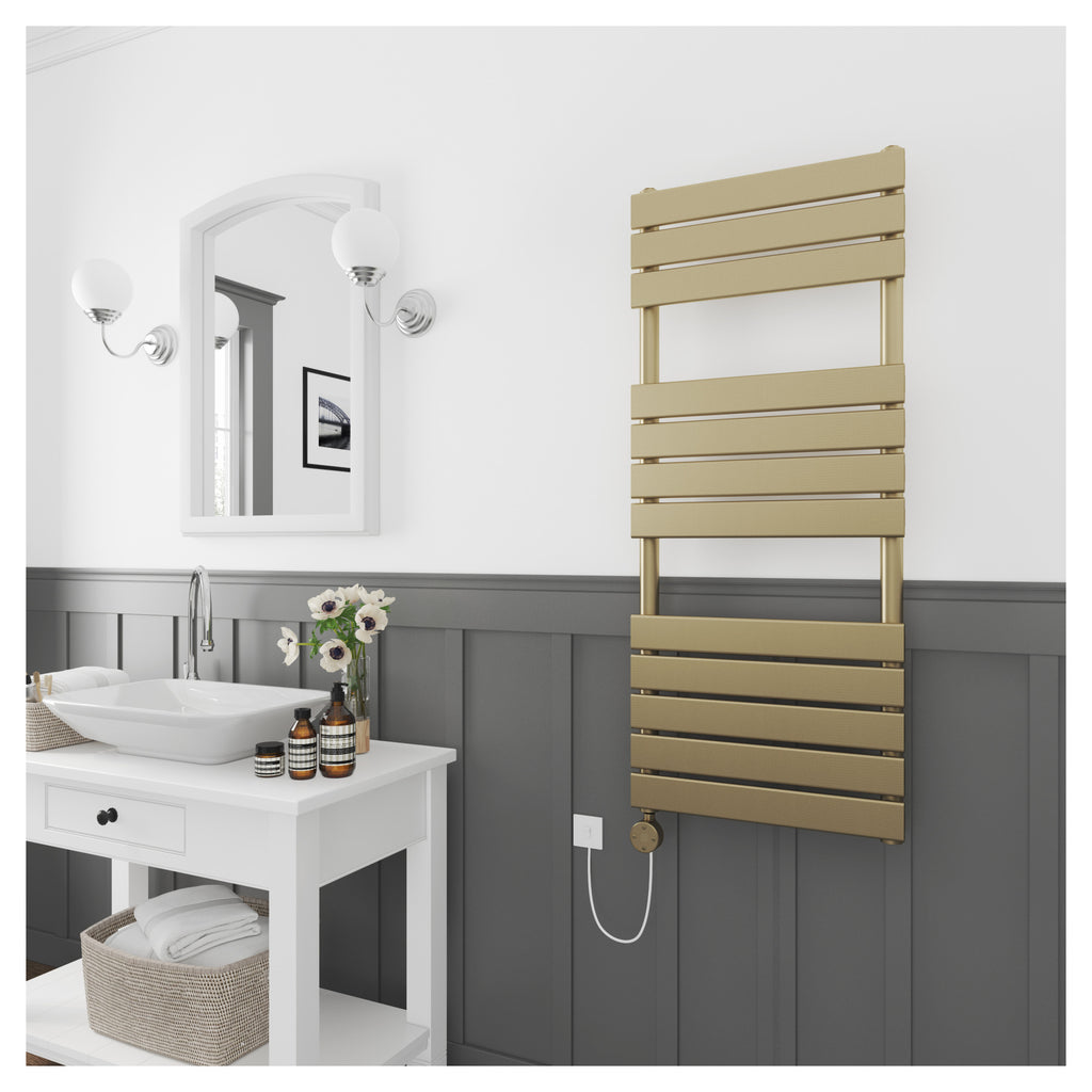 Tailored Queenstown Electric Pre - Filled Towel Rail with Thermo Element 1200 x 450mm, Brushed Brass